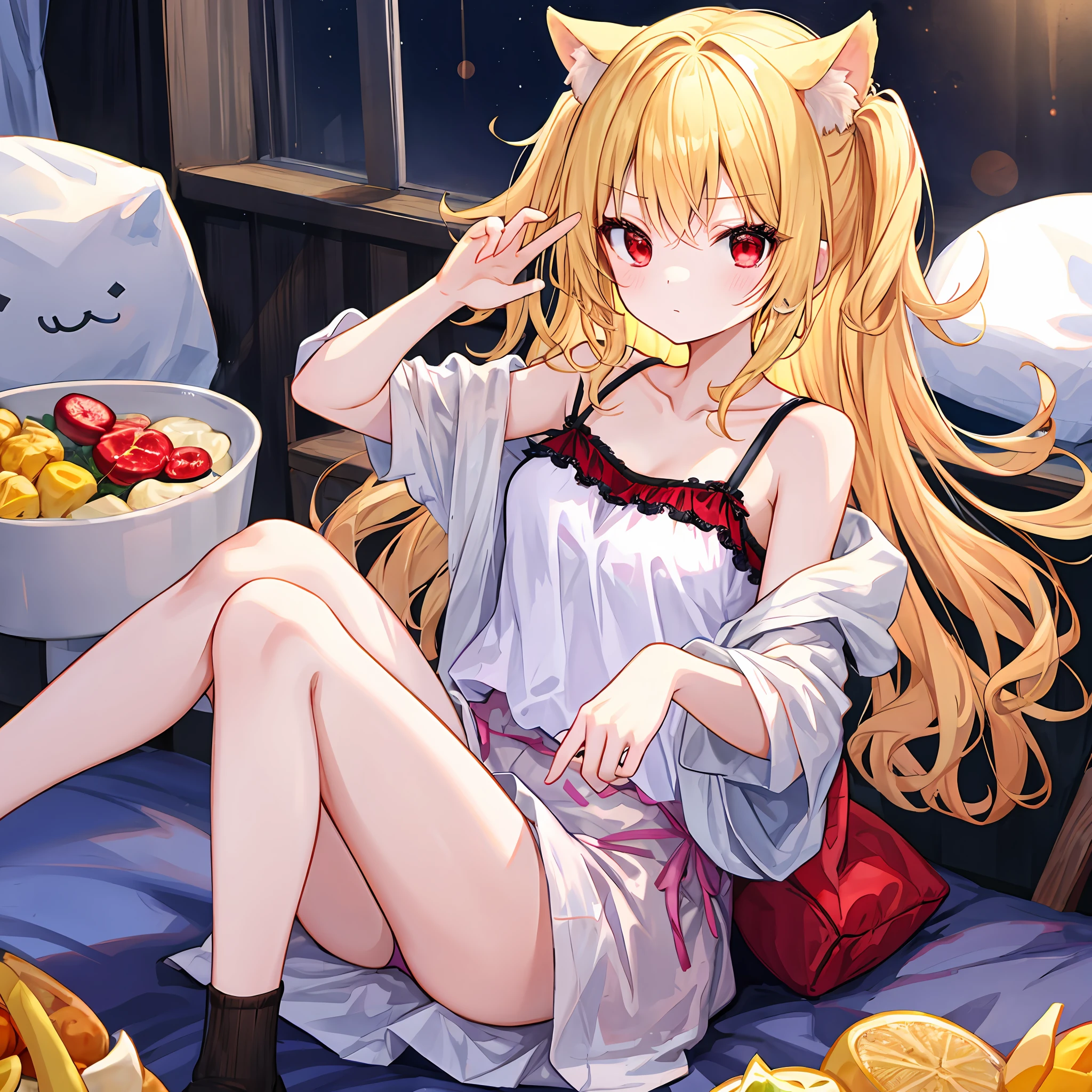hair wavy、a blonde girl、独奏、red eyes、camisole