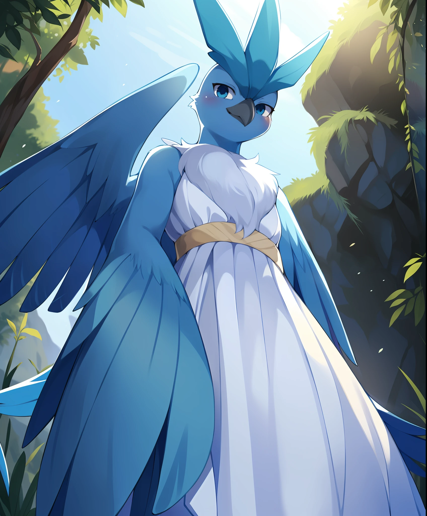 uploaded on e621, ((by Ricegnat, by Bebebebebe, by Prrrrrrmine, by Dagasi)), solo female (cyan avian Articuno) with (((dark blue and white body))) and ((blue beak)) and ((clear navy blue eyes)) and (chest fur tuft) and ((blue wings)), (detailed [avian] Articuno), ((detailed fluffy feathers)), ((three-quarter portrait, low-angle view, looking at viewer)), BREAK (standing at andes with reflection on dusk), (detailed background, depth of field, half body shadow, sunlight, ambient light on the body), (intricate:1), (high detail:1.2), (unreal engine:1.3), (sharp focus:1.1), (masterpiece, best quality, 4k, 2k, shaded, absurd res)