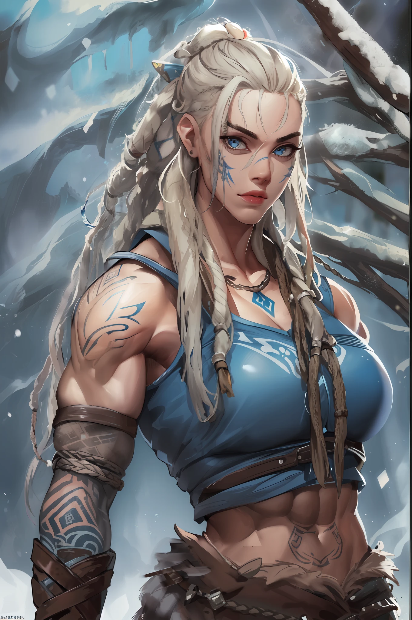 Female viking, (young:1.2), (muscular:1.2), fit, wearing brown furs and hides, (wearing furs:1.3) (blue norse tattoos:1.2), blue eyes, platinum blonde hair, (Dreadlocks:1.7), (Dreads:1.4), (Sideshave:1.6), warrior hair, Setting is a Scandinavian forest in winter, snow, bare arms, exposed naval, (abs:1.2). Highly detailed, norse, berserker, arm muscles, leg muscles, (bulky:1.2), leather straps, (large breasts:1.3), waist up, wide waist, stocky, (tall:1.4)