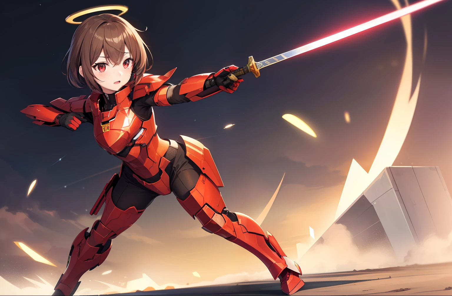 1 girl, solo, Mutsuki from Kancolle, (((red spartan armor from halo))), halo energy sword, sword strike, fighting stance, confident expression, sparkling eyes, (masterpiece), best quality, full body, small breasts, brown hair with red highlights, tall, short hair, hair between eyes, red eyes, standing,