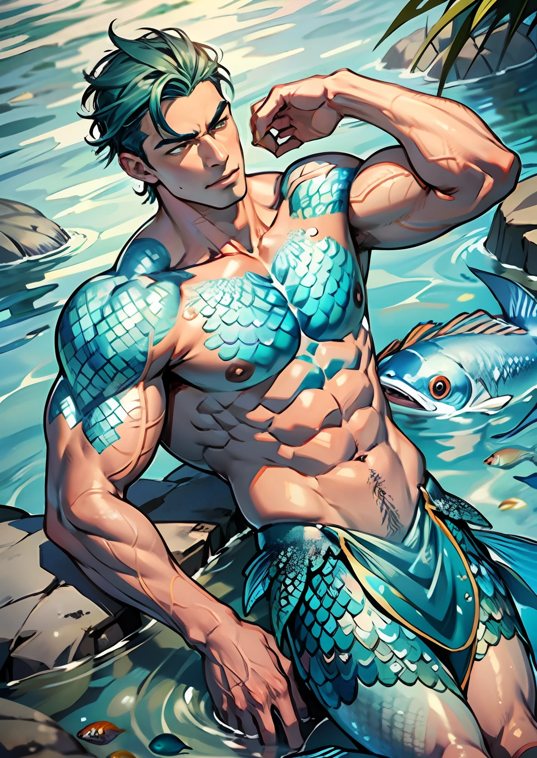 handsome man, on a beach with water covering lower body. Top view , expression of , fish scale skin, mermaid skin, dark green and blue fish scale skin, mermaid man with fish scales skin