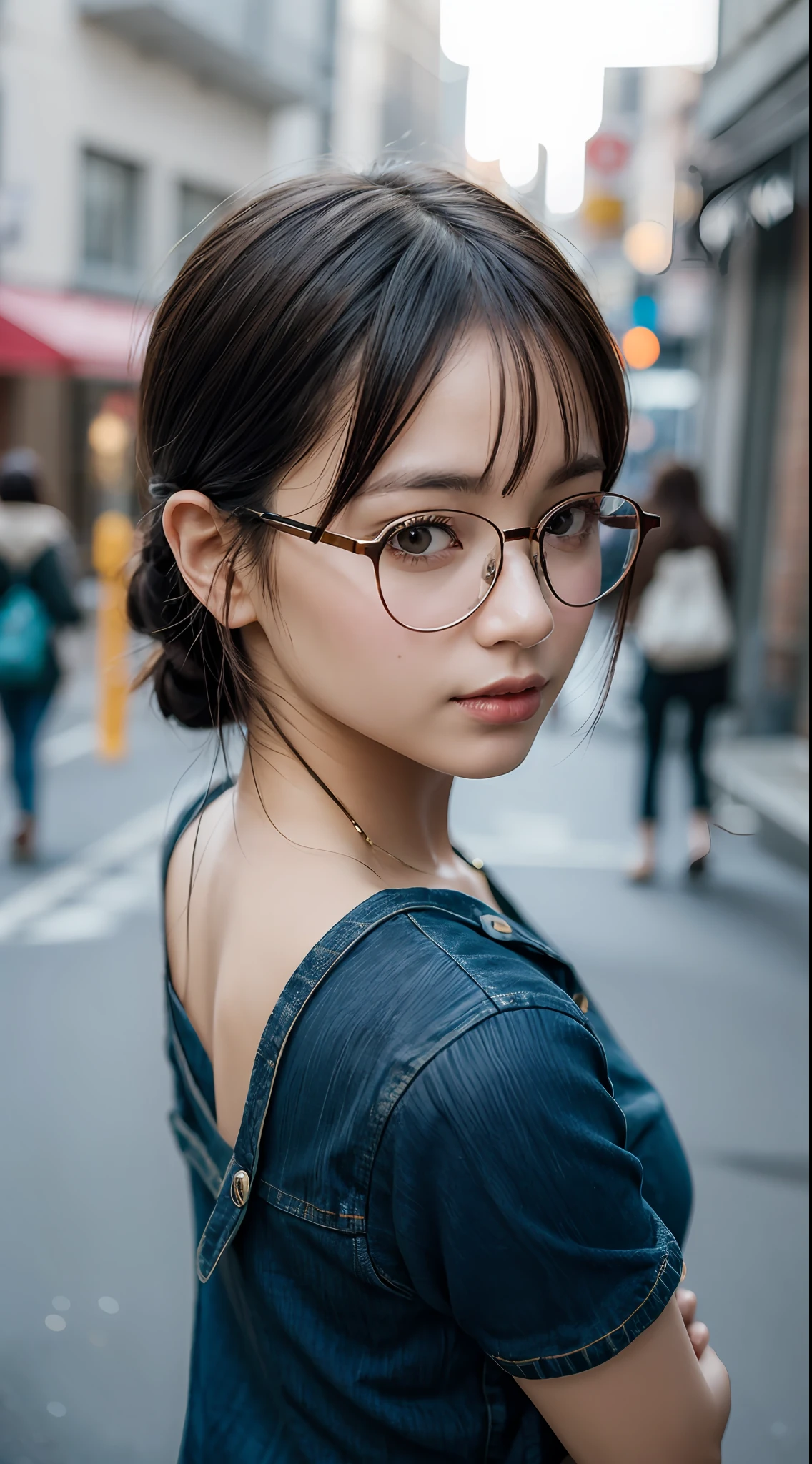 (RAW photo, best quality), (realistic, photo-realistic:1.3), extremely delicate and beautiful, Amazing, finely detail, masterpiece, ultra-detailed, highres, (best shadow),
sharp focus, volumetric fog, 8k UHD, DSLR, high quality, Fujifilm XT3,
a woman wearing glasses and a blue top posing for a picture in the street with her hand on her head, glasses, a picture, aestheticism