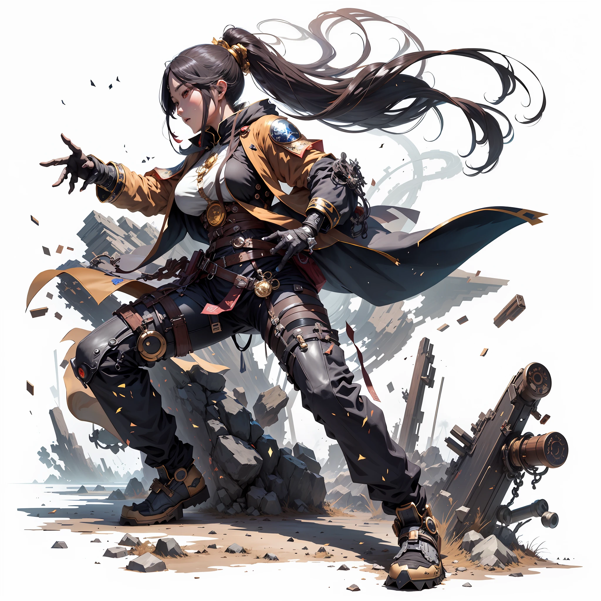 Anime character with long hair and cape isolated on white background, by Yang J, by Zhou Chen, by Liang Kai, guweiz on artstation pixiv, female action anime girl, Stunning character art, guweiz on pixiv artstation, by Yang Jin, by Zeng Jing, by Feng Zhu, by Wuzhun Shifan