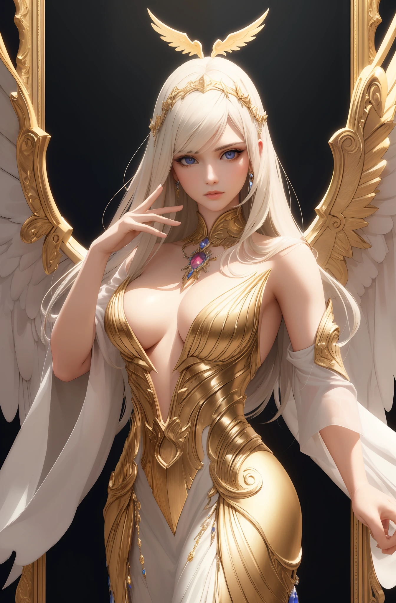 best quality, masterpiece, upper body, bright highlights, (extremely detailed 8k wallpaper), handsome young lady, beautifull, proportional angelic wings, halo, (famale, lady), long hair, serious, dramatic pose, shiny armor, knight, cinematic lighting, photorealistic, dynamic pose, sharp-focus, Dynamic composition, 80s fantasy art, (photorealistic:1.2), (masterpiece, finely detailed beautiful eyes: 1.2), masterpiece*portrait, realistic, 3d face, glowing eyes, blonde platinum hair, 1920s plunging neckline dress