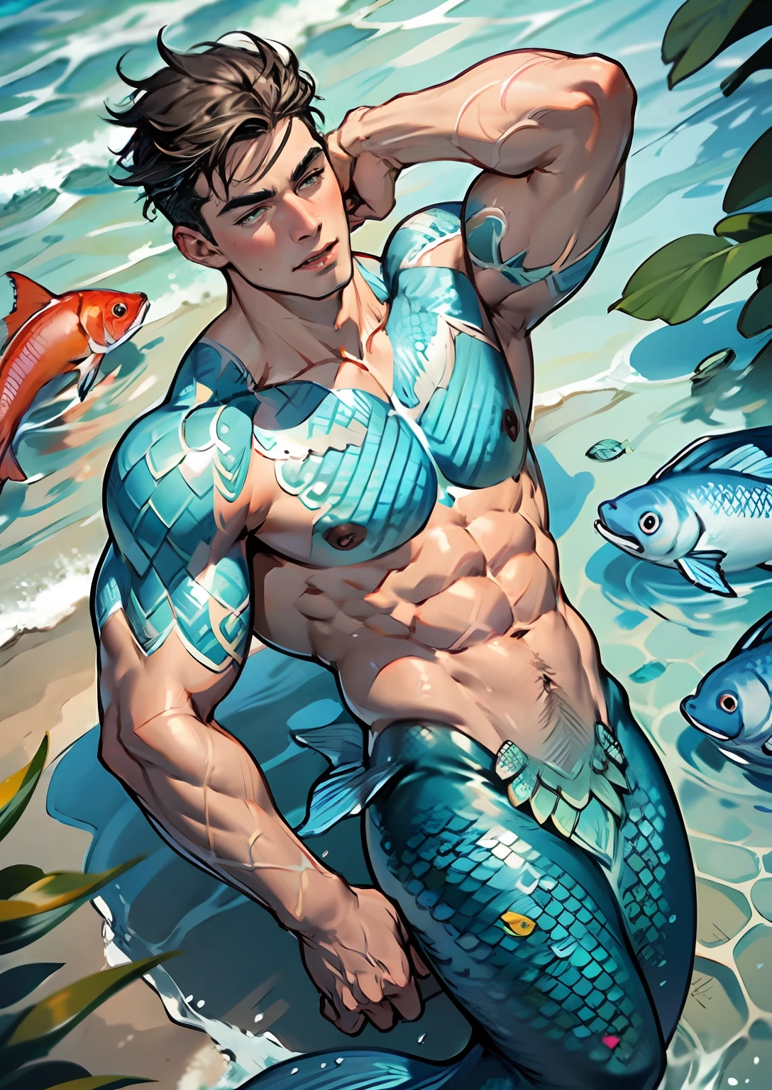 handsome man, on a beach with water covering lower body. Top view , expression of ecstasy, fish scale skin, mermaid skin, dark green and blue fish scale skin, mermaid man with fish scales skin