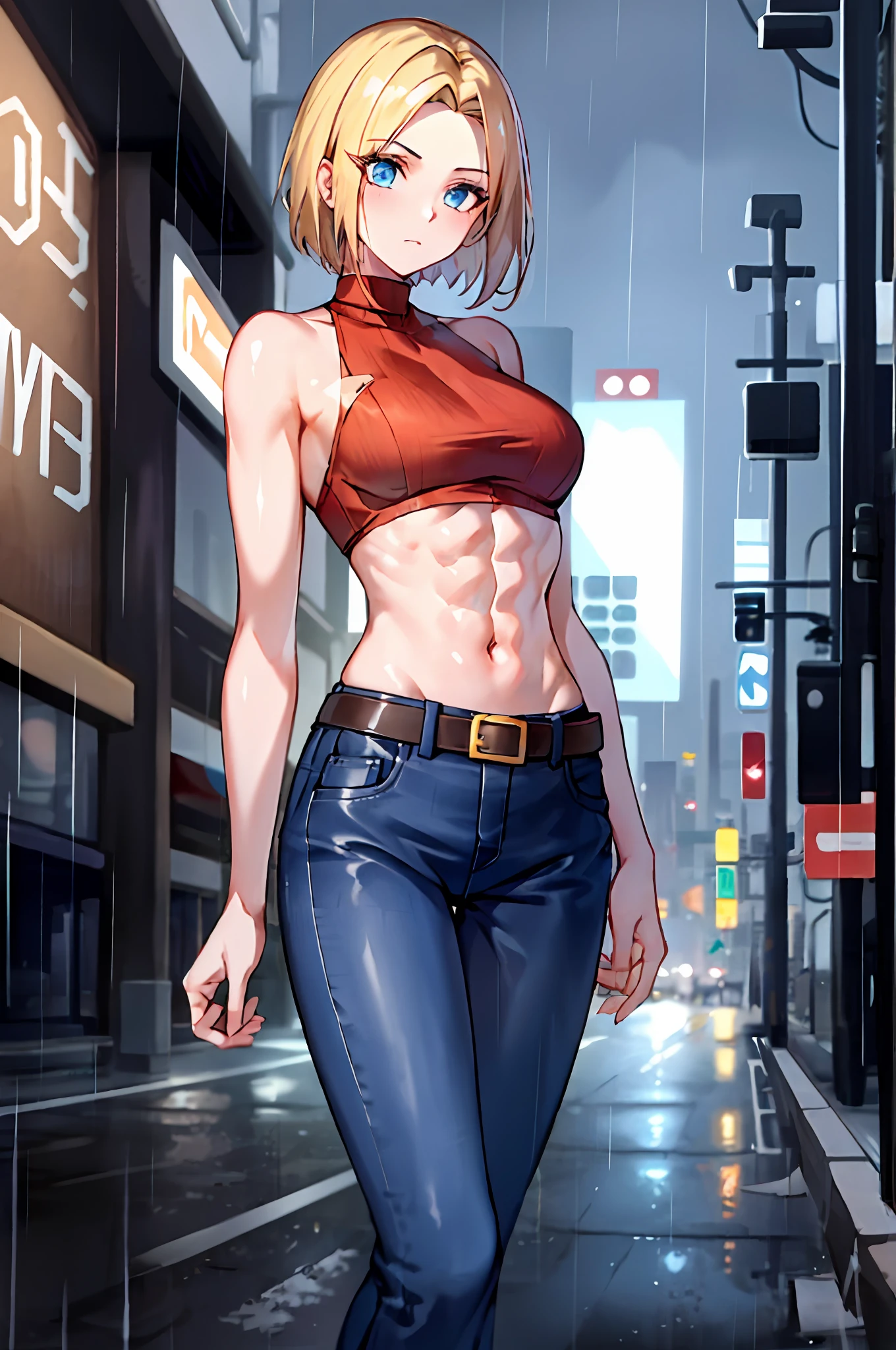 maryms, Best Quality,(beauty), 1girl,phisically-based render ,ultra highres,(cowboy shot:1.5),narrow waist, skinny, LeonaMS ,muscular, big blue eyes,long legs,jeans,leather belt,small breasts,puffy eyes, leather belt,(rainy city), shiny skin, facing viewer, Victory posture,