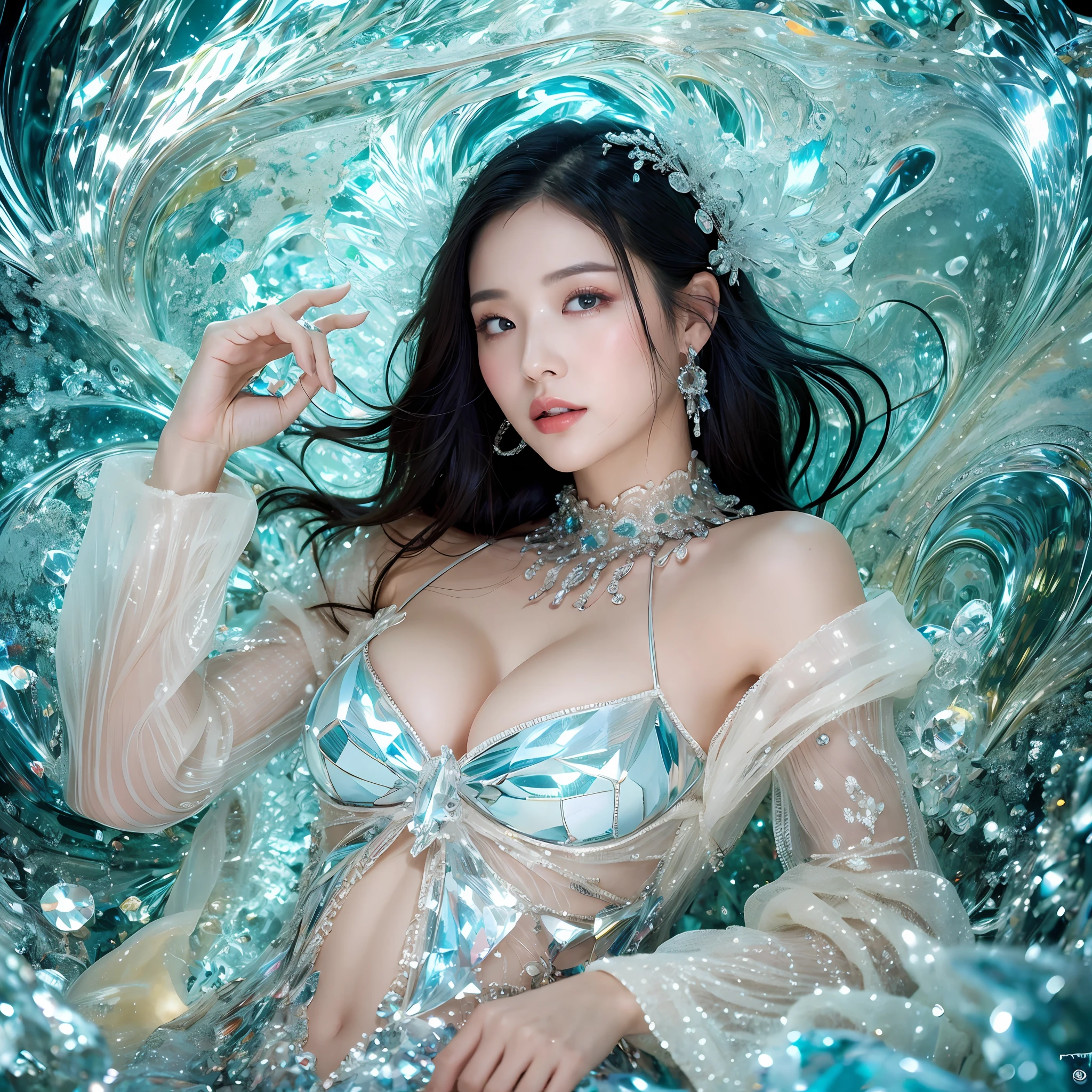 (masterpiece, top-quality, supreme, Official Art, Beautifully Aesthetic, long exposure time: 1.2), Smooth movement, Charming Patterns, 1 rapariga, (No cleavage: 1.4), (Long Dress with Sleeves: 1.3), robe blanche, (large full breasts: 1.2), bare shoulders, Adult Russian woman, hitornfreckles, Black leaf hair, portraitures, 独奏, The upper part of the body, Look at the observer, 细致背景, A detailed face, (Crystallized AI, Crystal theme: 1.1 )、elemental water sprite、Rotating water、Water control、Diamond clothing、dynamicposes、particles floating、ethereal dynamics、Eau、steams、background ocean、bluish color、shores、Ethereal Atmosphere、