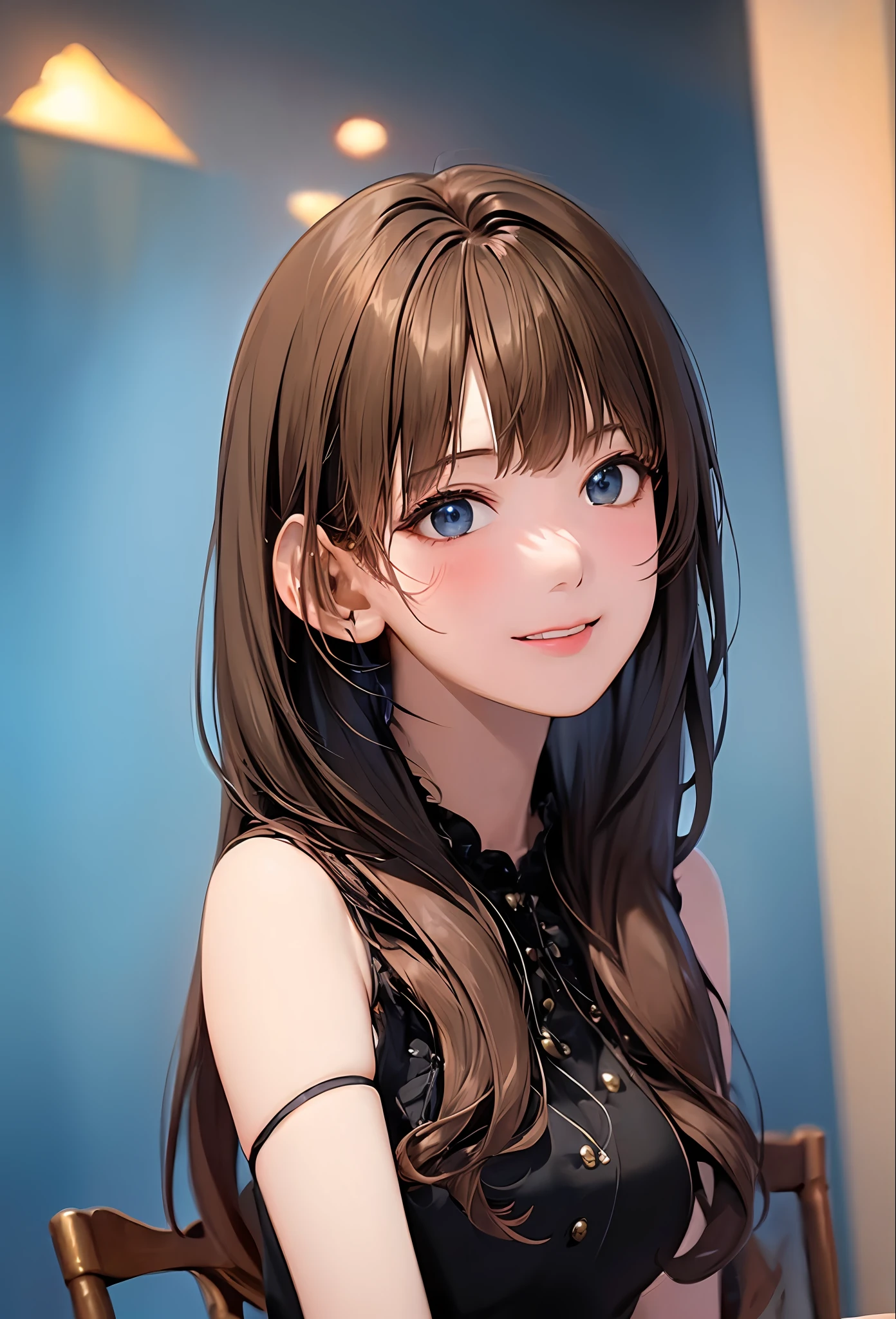 (8k、top-quality、masterpiece:1.2)、(realisitic、Photorealsitic:1.37)、ultra-detailliert、 1 人、cute little、独奏、mid night、Beautiful detailed sky、Detailed Cafe、sitting on、date、(Nasal blush)、 (smile:1.15)、(Keep your mouth shut)small tits、Beautiful fine eyes、Floating Hair NovaFrogStyle、Dress with open back、Blue rose on background