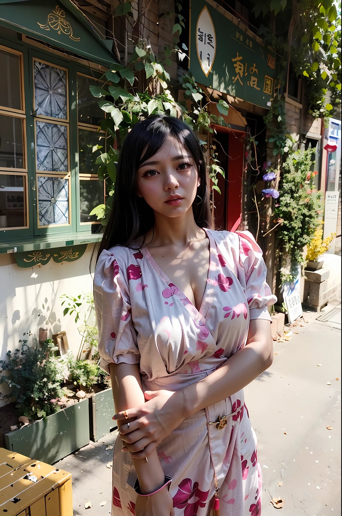 Woman in pink dress standing on the sidewalk in front of the building, xintong chen, Beautiful young Korean woman, beautiful Korean women, A young Asian woman, Chinese girl, Gorgeous young Korean woman, Young Asian girl, yanjun cheng, Korean girl, wenfei ye, xue han, Young Asian woman, gongbi, Eat Zhuoxin