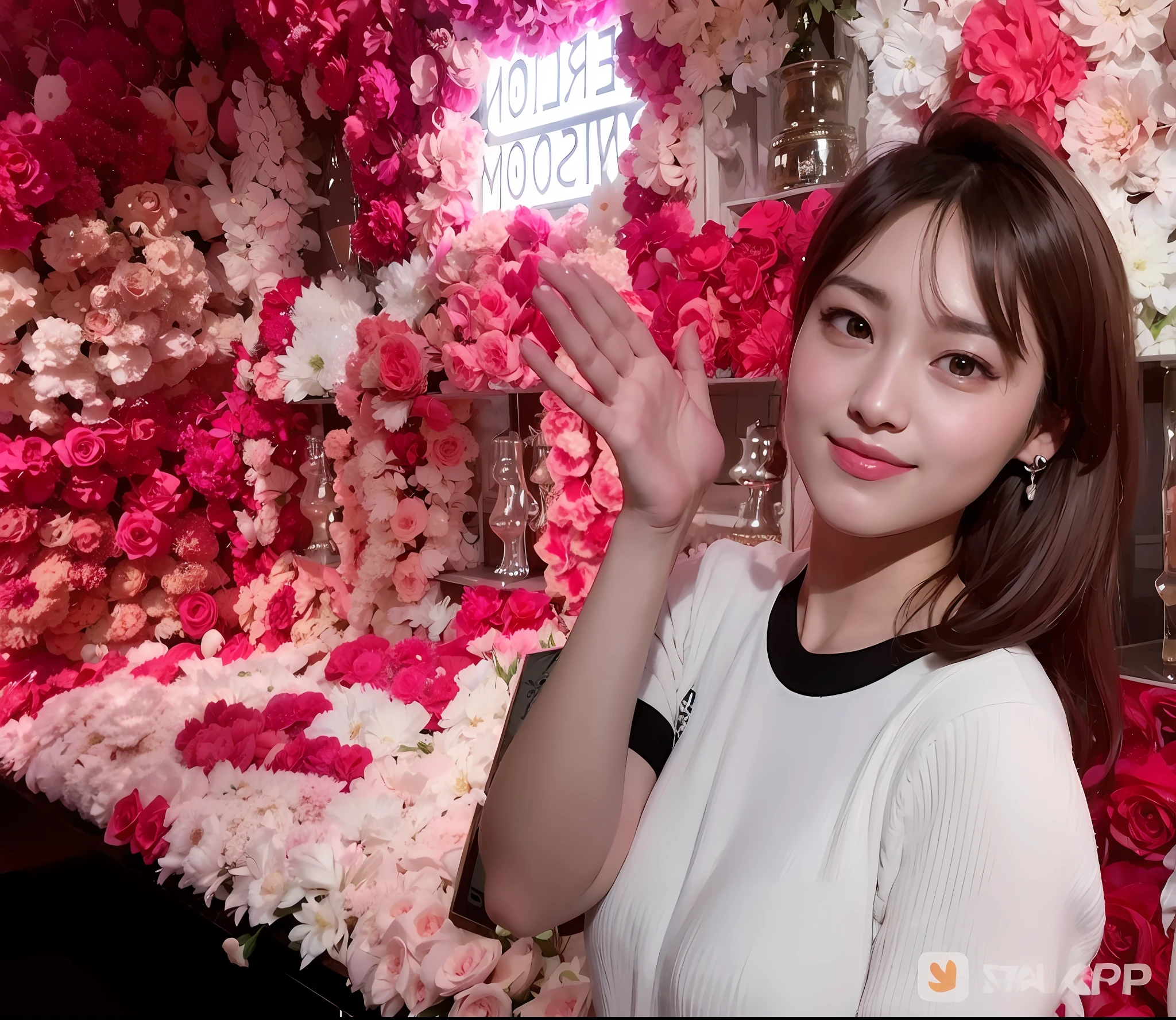 Woman in white shirt poses in front of a wall of flowers, dilraba dilmurat, lalisa manobal, bae suzy, tzuyu from twice, jaeyeon nam, song hye - kyo, With flowers, hwang se - on, Wow, Choi Hyun-hwa, Middle metaverse, Lee Ji-eun