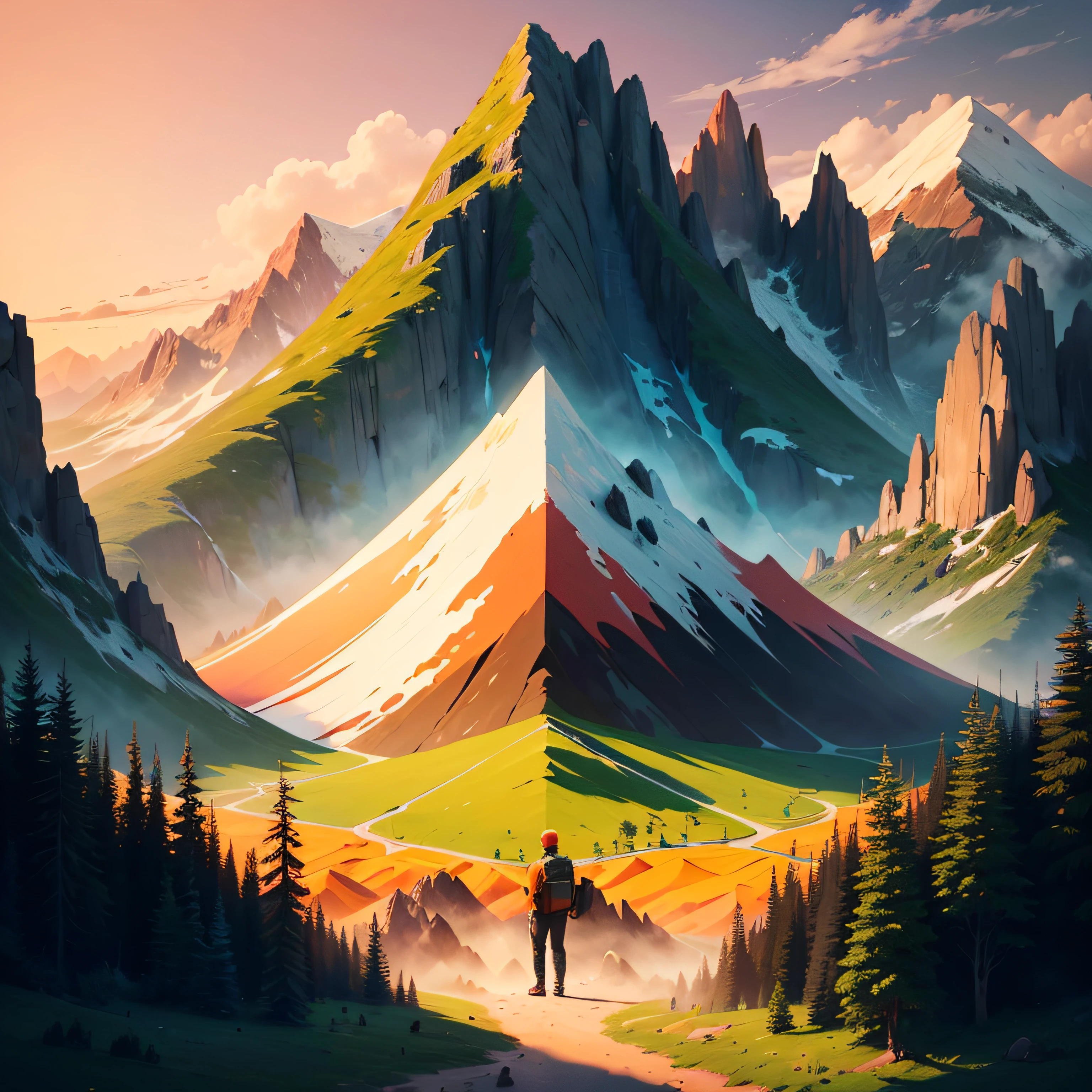 artwork of t-shirt graphic design, flat design of a trekker in the lush forest, mountains, colorful shades, highly detailed clean, vector image, photorealistic masterpiece, professional photograph, simple sunrise backdrop for monster, flat white background, isometric, vibrant vector, no characters --auto