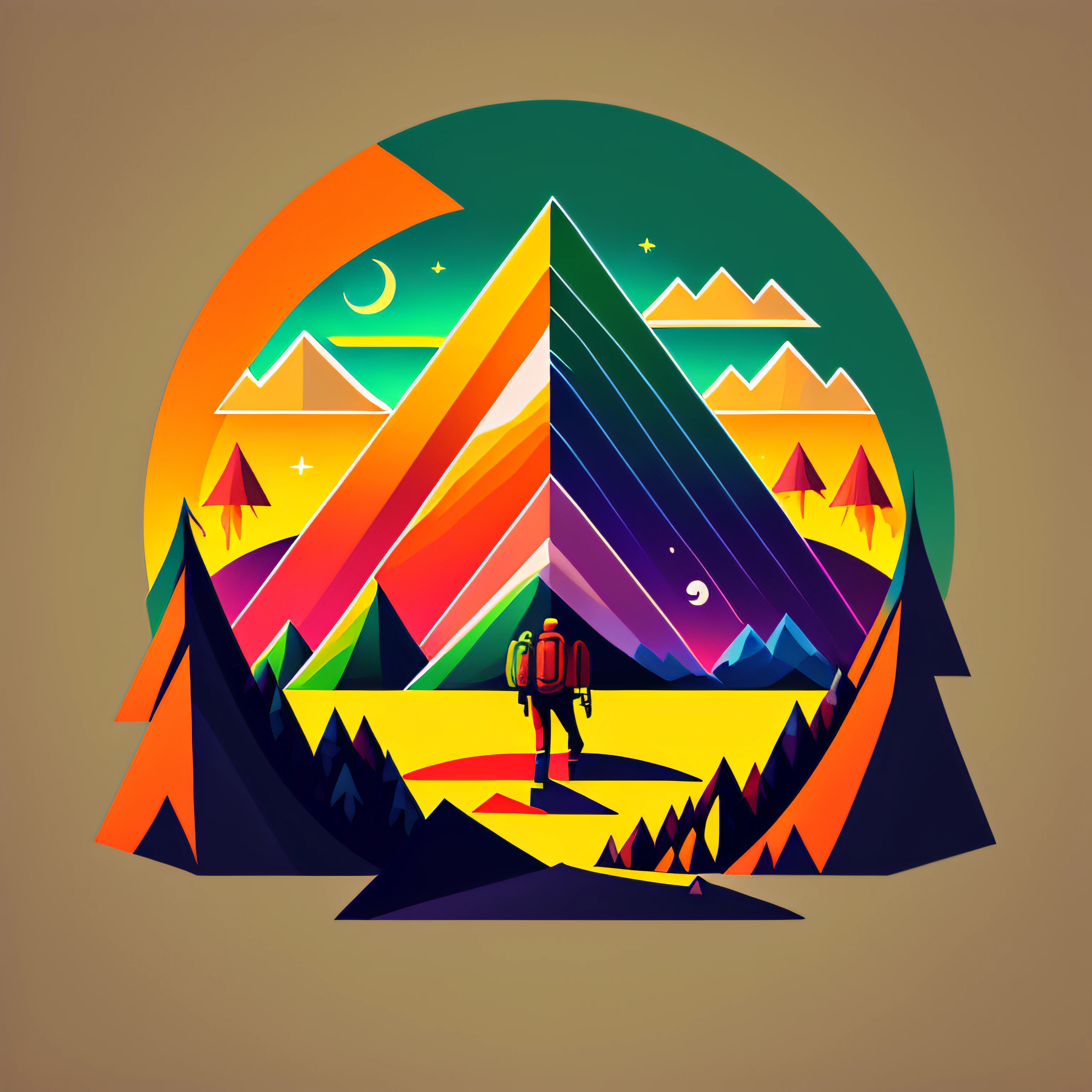 artwork of t-shirt graphic design, flat design of a trekker in the lush forest, mountains, colorful shades, highly detailed clean, vector image, photorealistic masterpiece, professional photograph, simple sunrise backdrop for monster, flat white background, isometric, vibrant vector --auto