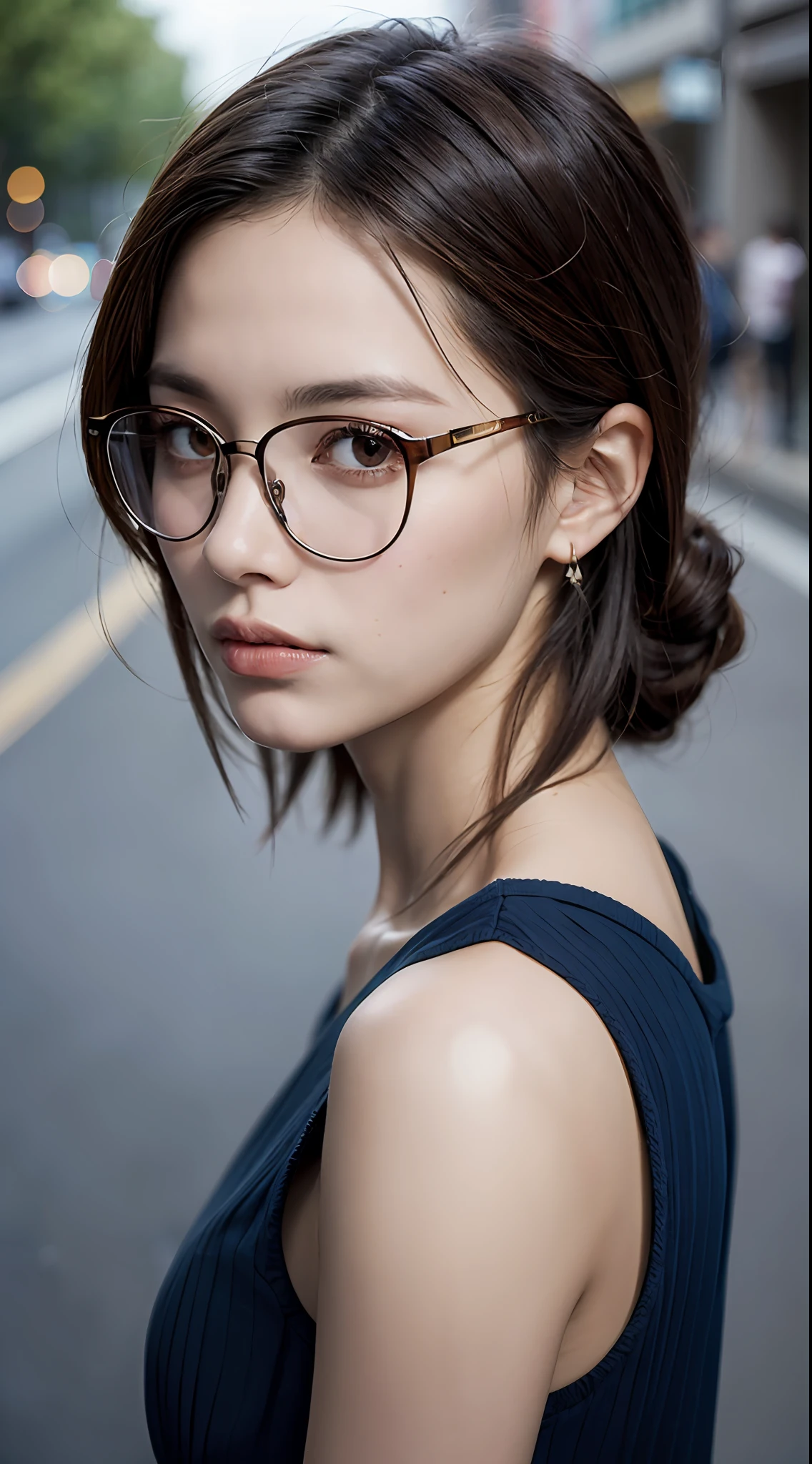 (RAW photo, best quality), (realistic, photo-realistic:1.3), extremely delicate and beautiful, Amazing, finely detail, masterpiece, ultra-detailed, highres, (best shadow),
sharp focus, volumetric fog, 8k UHD, DSLR, high quality, Fujifilm XT3,
a woman wearing glasses and a blue top posing for a picture in the street with her hand on her head, glasses, a picture, aestheticism