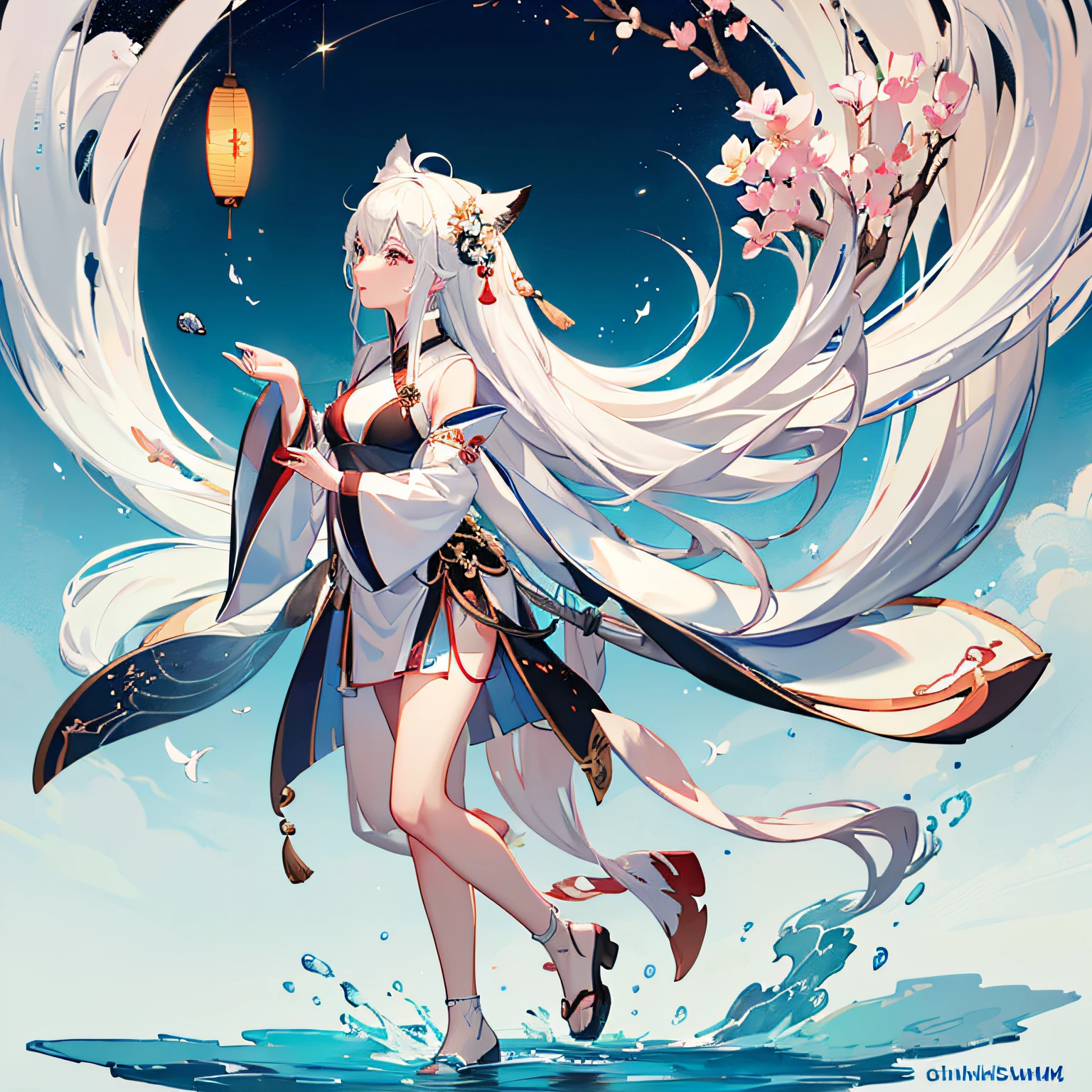 ((4k,masterpiece,best quality)), shuimobysim, Chinese painting, lotus, hanfu, maxiskit, dressed conservative 1 girl, solo, white hair, long hair, fox ears, white, bikini, fish, many fish close to the girl, looking at the audience, teasing