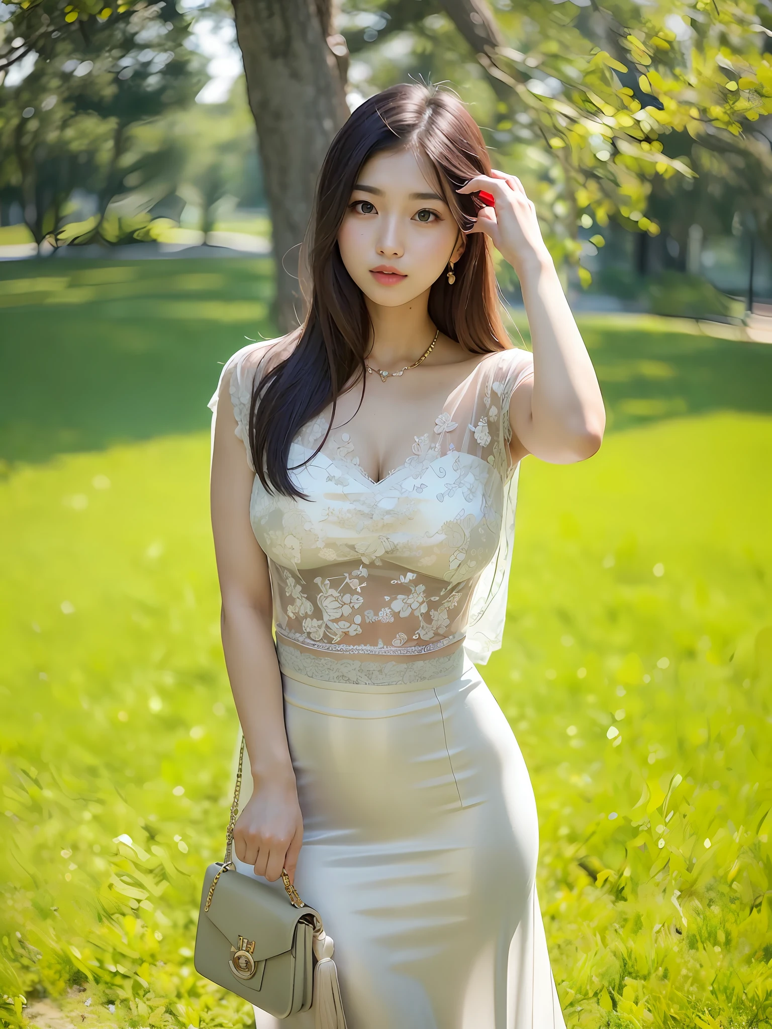 Arakfi woman poses in park with purse in dress, Gorgeous young Korean woman, beautiful Korean women, Beautiful young Korean woman, korean women's fashion model, Korean girl, Korean woman, Beautiful Asian girl, Shin Jinying, Lovely woman, jaeyeon nam, bae suzy, skinny waist and thick hips, Gorgeous lady, very attractive and beautiful, jia