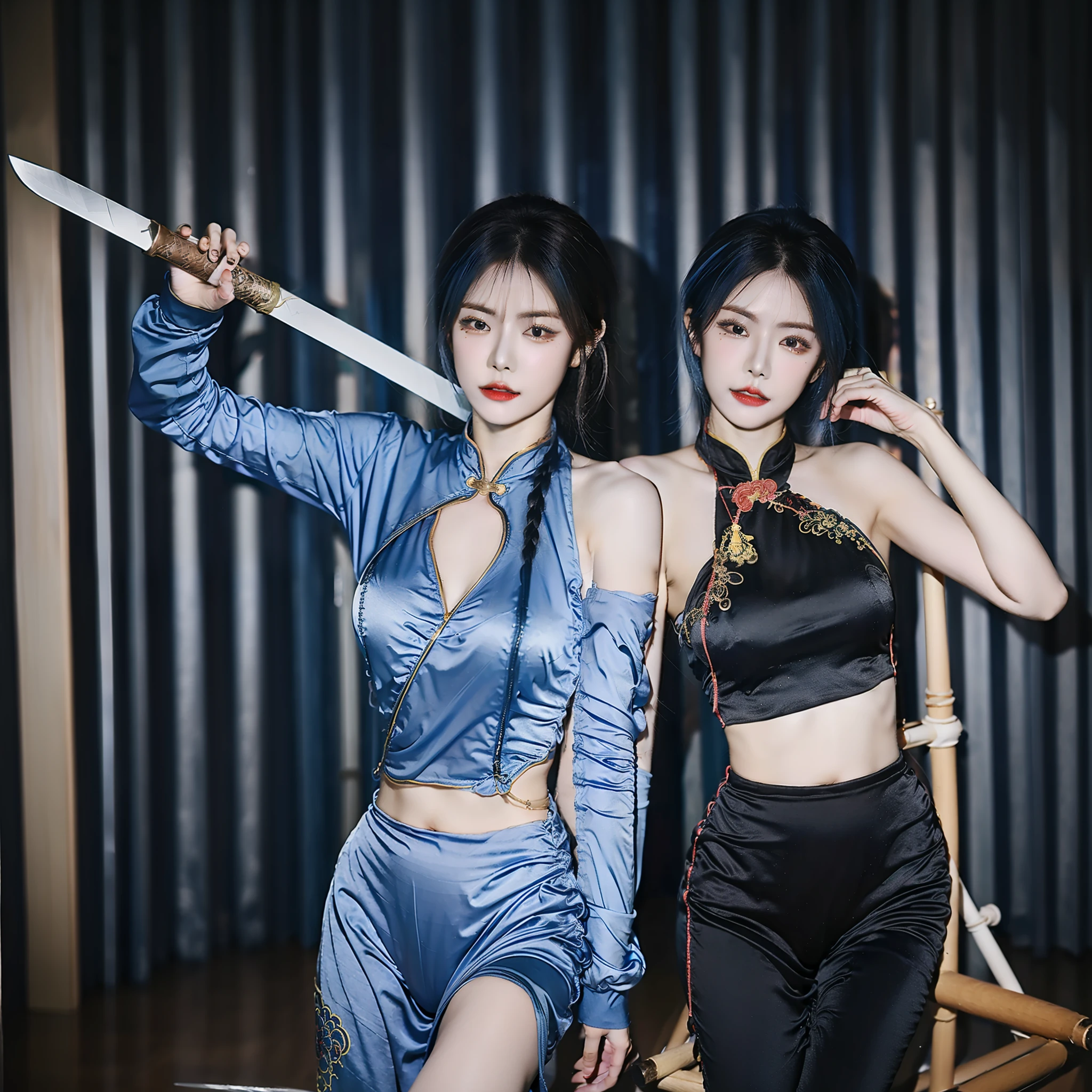 Short hair women all over the body,Wears a blue skinny chestless cheongsam,Full breasts,The hair has a strand of blue hair,Sword in hand,raining day,Vintage street