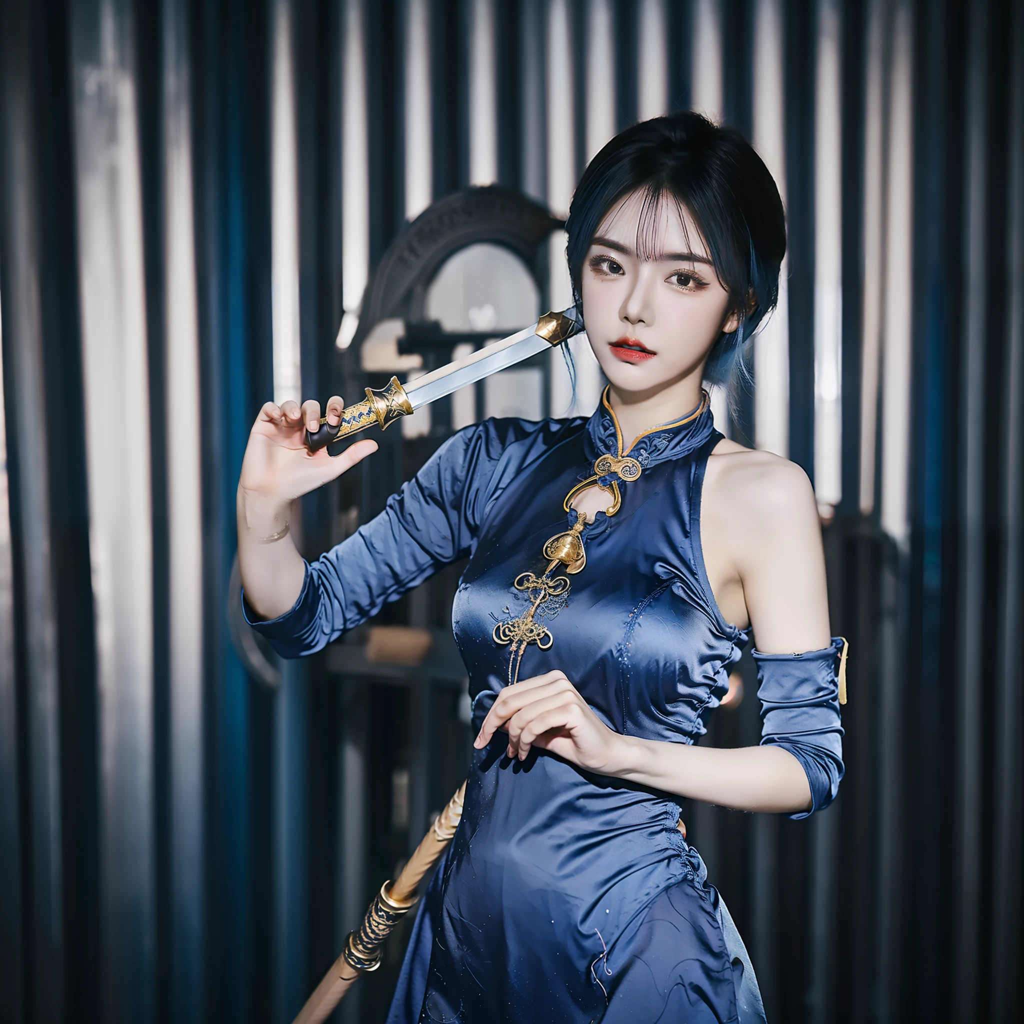 Short hair women all over the body,Wears a blue skinny chestless cheongsam,Full breasts,The hair has a strand of blue hair,Sword in hand,raining day,Vintage street