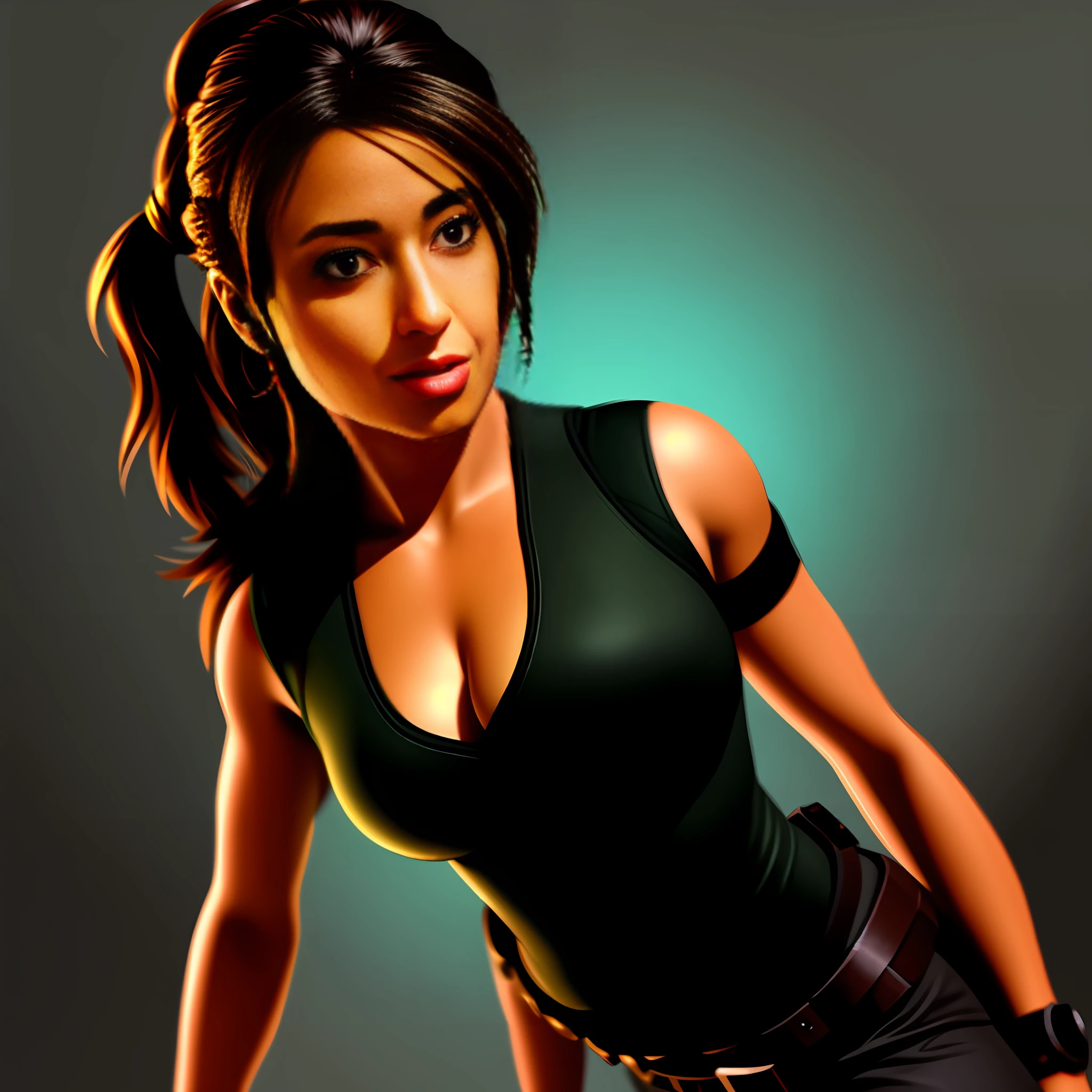 mulher estilo Lara Croft, estilo desenho cartoon, detalhes intricados, contorno preto, fundo da imagem preta