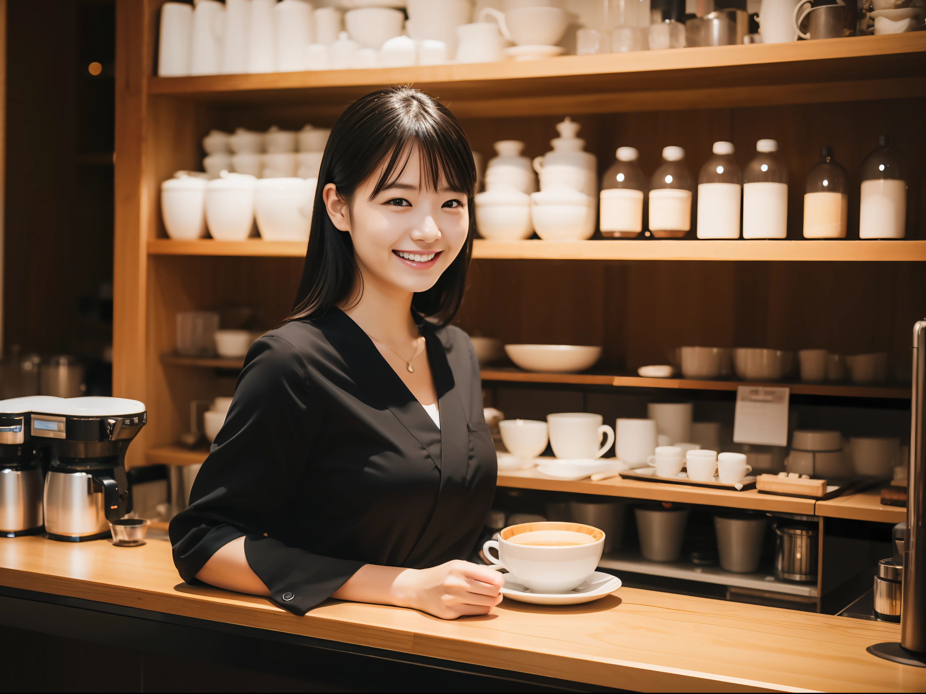 Cafe clerk, femele, japanes, black hair, light smile, Canon, UHD