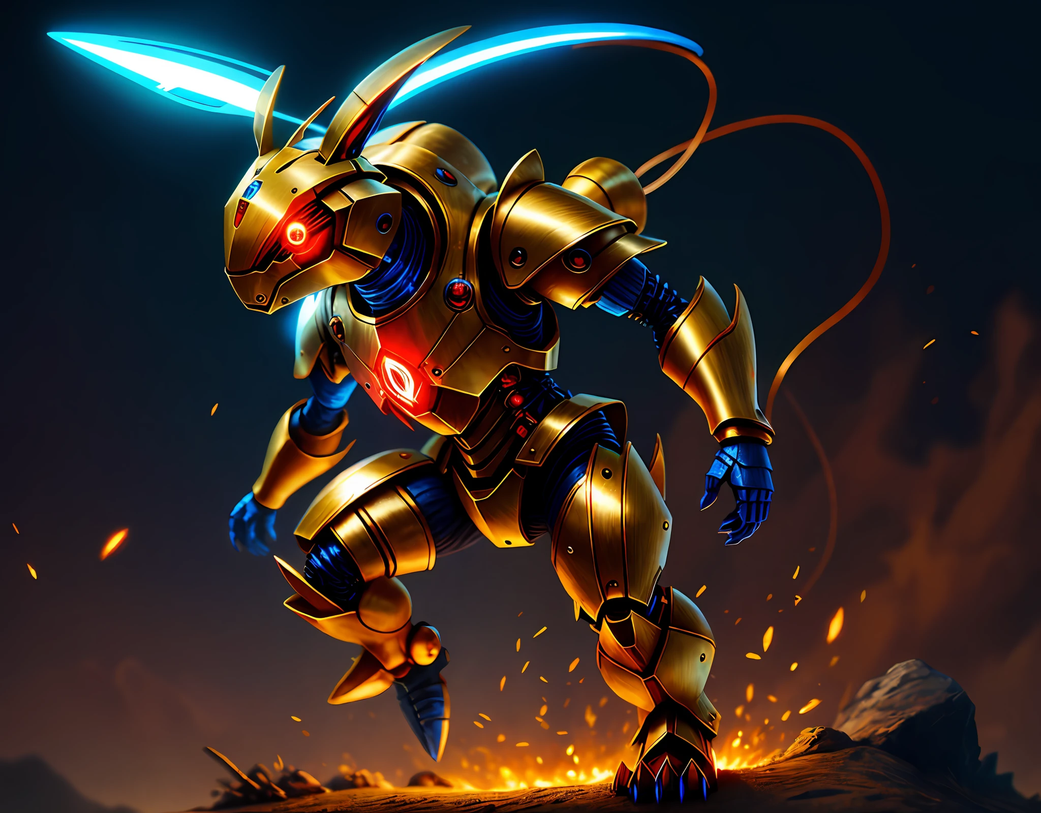 Bipedal creature resembling a rabbit, steel armor, steel shell, glowing gold eyes, blue wire tail tipped with red, masterpiece, best quality