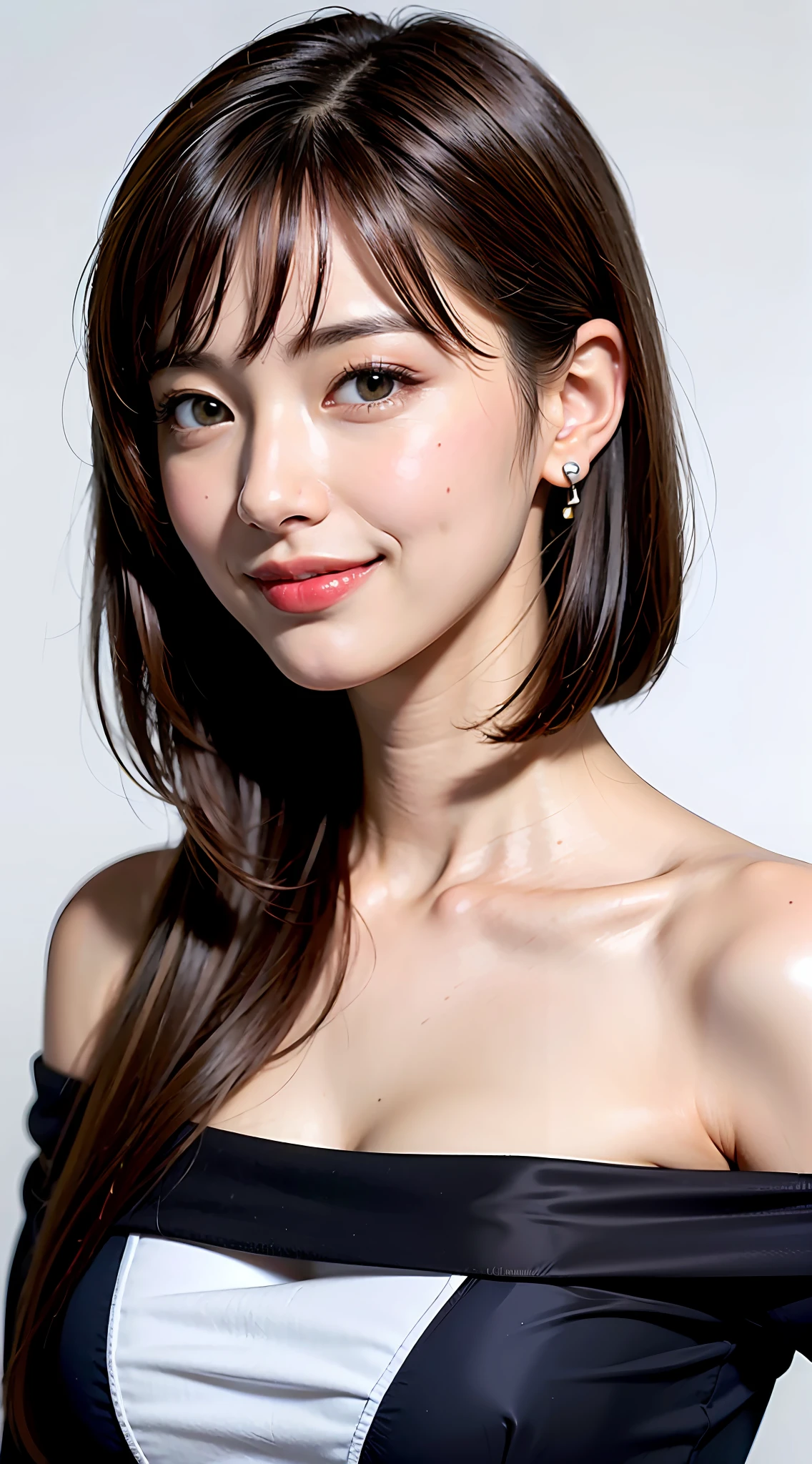 ((masterpiece、22year old、1 beautiful girl、Detailed eye、short hair with bangs,、shorth hair、neck long、Put your ears out))、big eye、Distinct double eyelids、((top-quality, 超A high resolution、stares at the camera、Light brown eyes、Clean collarbone、glowy skin、Straighten your back、The face of the golden ratio、a small face)), (Realisticity: 1.4), OriginalPhotographs, 1girl in,A little cinematic lighting、japanes、Asian Beauty、Korea person、Super beauty、Realistic skin type、(((clean very large breasts、A slender、The body is facing the front of the camera、lipgloss、Highlights in the eyes、thin lips、smiling slightly、Closing mouth and smiling happily)))、(A hyper-realistic)、(hight resolution)、(8K picture quality)、(ighly detailed)、(Best Illustration)、(beautifully detailed eyes)、(ultra-detailliert)、A detailed face、looking at viewert、Facing straight ahead、neat and clean clothes、sleeve less、short-hair、black hair with bangs、46-point diagonal bangs、Shorthair、((Background is really nothing but pure white background))、((neat atmosphere、))