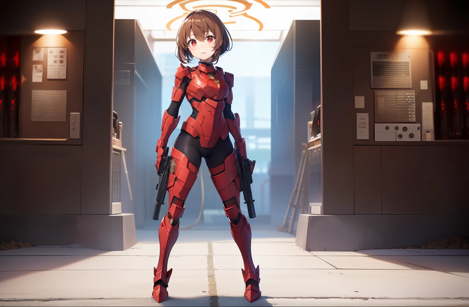 1 girl, solo, Mutsuki from Kancolle, (((red spartan armor from halo))), confident expression, sparkling eyes, (masterpiece), best quality, full body, small breasts, brown hair with red highlights, tall, short hair, hair between eyes, red eyes, standing, (((submachine gun)))