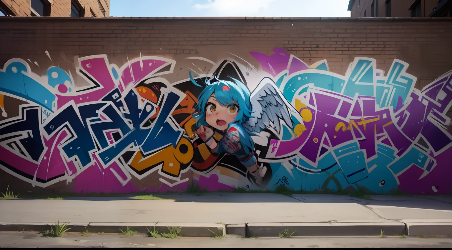 in graffiti style,On the wall of the old street there is a creative graffiti painting,The drawing is a picture of angels vs demons,HD painting