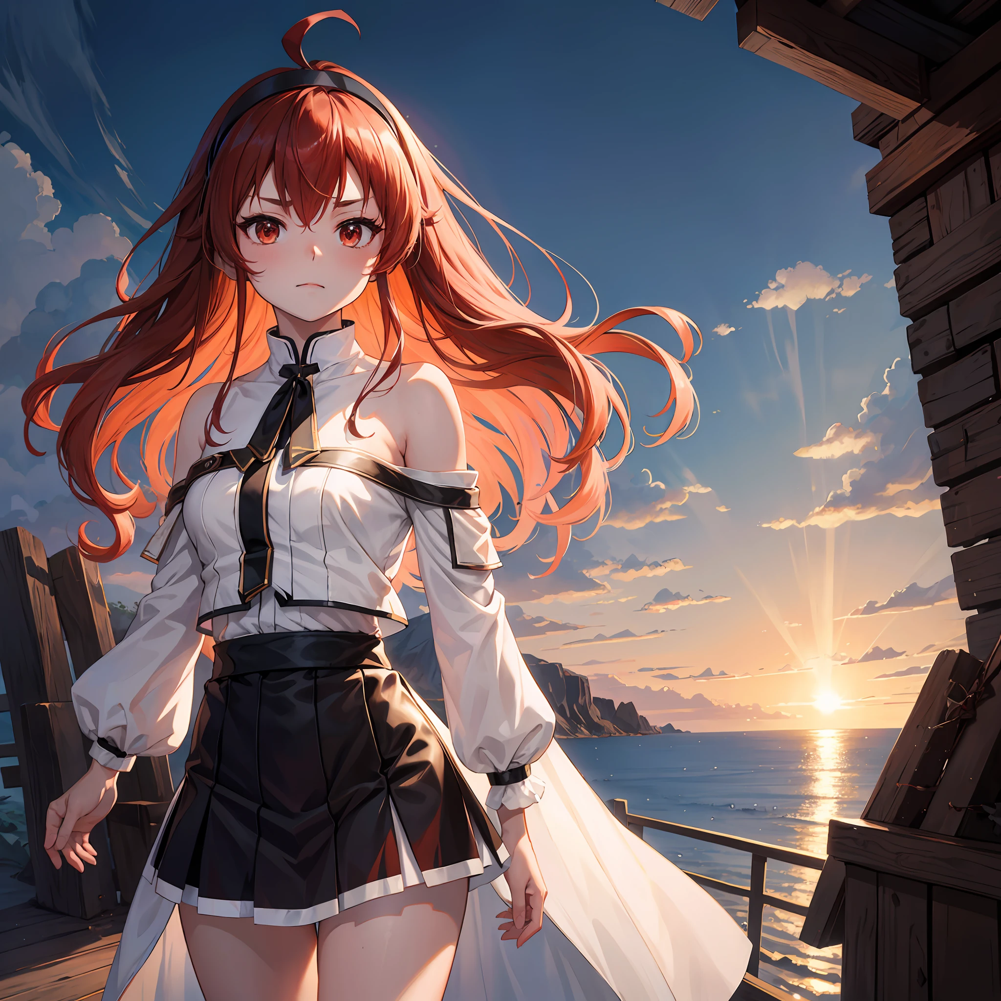 Anime girl with long red hair standing on a pier（eris greyrat) - SeaArt AI