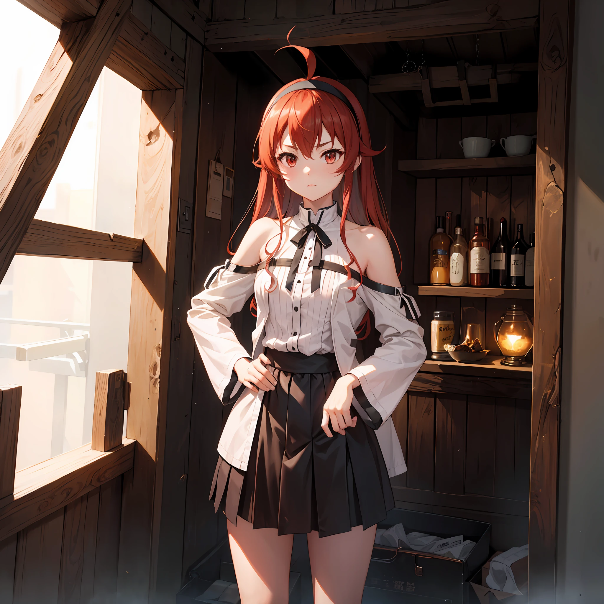 Liss Greyrat, 1girl, Ahoge, bangss, bare shoulders​, black hairband, Brown skirt, a closed mouth, Clothes Cutout, arms folded, hair between eye, shairband, length hair, long-sleeve, Look at viewers, red eyes, red hairs, Shoulder clippings, simple background, Black shorts,beauty legs　 独奏, Hi-Res, Harm, mushoku tensei　grass field　randome pose　small tits　**** student　small stature