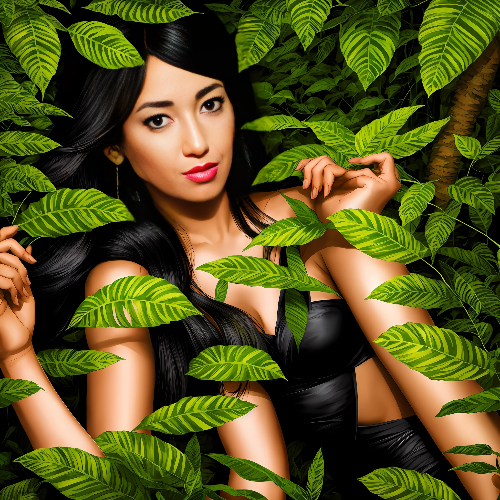 Woman photo essay in jungle environment, estilo desenho cartoon, detalhes intricados, contorno preto, fundo da imagem preta