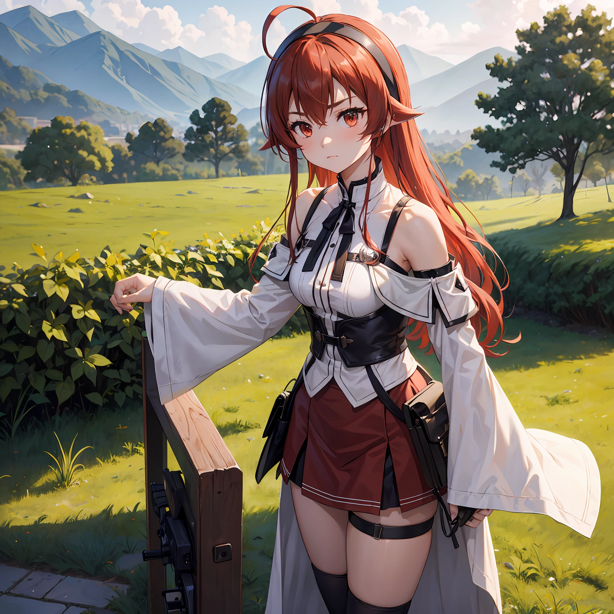 Liss Greyrat, 1girl, Ahoge, bangss, bare shoulders​, black hairband, Brown skirt, a closed mouth, Clothes Cutout, arms folded, hair between eye, shairband, length hair, long-sleeve, Look at viewers, red eyes, red hairs, Shoulder clippings, simple background, Black shorts,beauty legs　 独奏, Hi-Res, Harm, mushoku tensei　grass field　randome pose　small tits　 student　small stature