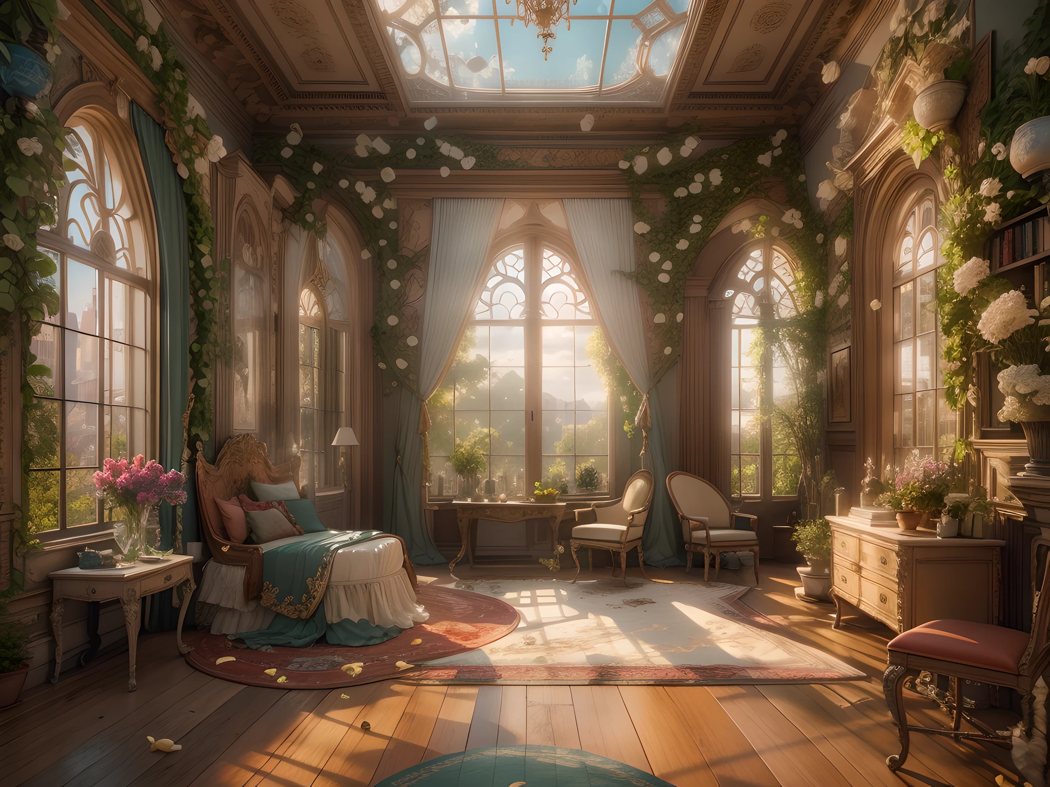 Solarpunk Dreamscape: The Royal Botanical Sanctuary | Generate an ornate botanical bedroom in the style of Versailles in a solarpunk world. There is a giant historical window in the bedroom. The giant French historical window is adorned with intricate carvings and dominates one wall. Through the massive window, a colorful and intricate solarpunk cityscape is visible. The cityscape is bustling and interesting, with many small details and high visual interest. The bedroom is peaceful, with many elegant flowers and flowered ivy among the rich silk fabric and hardwood floor. Take inspiration from rooftop gardens, royal french gardens, beautiful rose gardens, and whimsical fantasy. Include beautiful fantasy details and touches, including fantasy water, books, 3D touches, and delicate tendrils of ivy. Camera: Utilize innovative lighting techniques to emphasize the realism and beauty of the image. Delicate flower petals from floating flowers dance through the air. Utilize dynamic composition to create a compelling image. (hyperrealistic), (realism), (natural), (enchanted), (enchanting), (historical), terrace, porch,