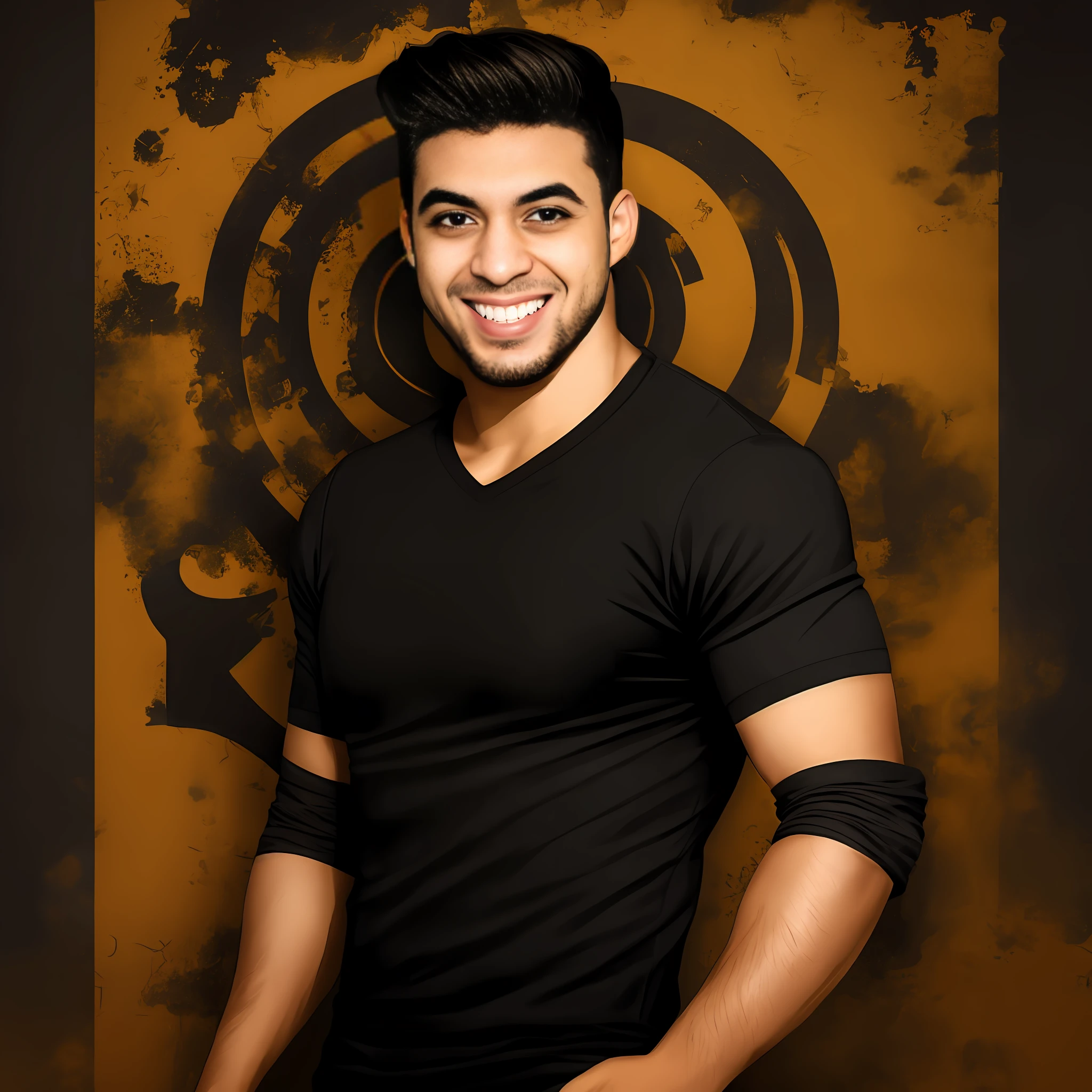 There's a man posing and smiling, olhos castanhos claros, estilo desenho cartoon, detalhes intricados, contorno preto, fundo da imagem preta