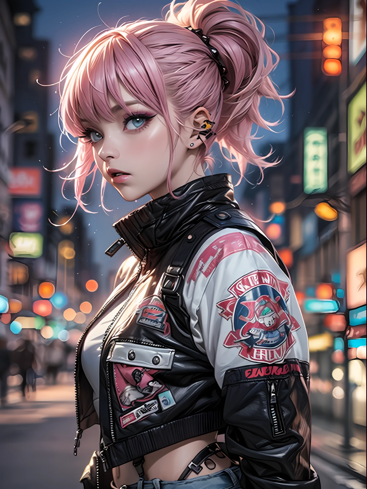 (top-quality、8K、32K、​masterpiece、nffsw:1.3)、(Photorealsitic:1.4),18-year-old punk girl,Punk hair,punk fashion,A pink-haired,Street background,depth of fields,blurry backround,,,,,,,,,,,,