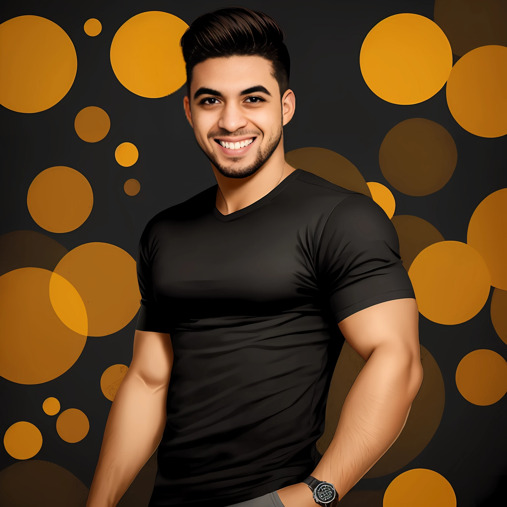 There's a man posing and smiling, olhos castanhos claros, estilo desenho cartoon, detalhes intricados, contorno preto, fundo da imagem preta
