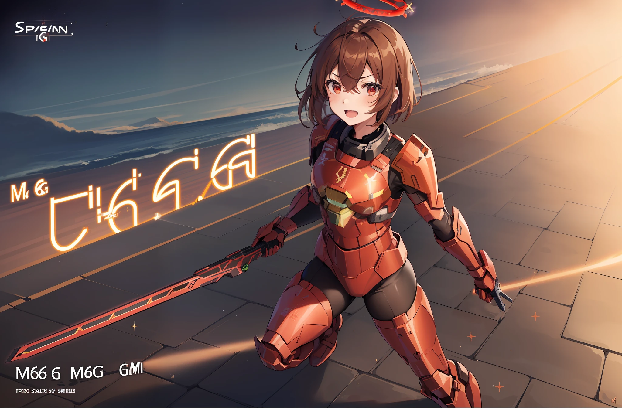 1 girl, solo, Mutsuki from Kancolle, (((red spartan armor from halo))), halo energy sword, sword strike, fighting stance, confident expression, sparkling eyes, (masterpiece), best quality, full body, small breasts, brown hair with red highlights, tall, short hair, hair between eyes, red eyes, standing, (((((M6G magnum))))