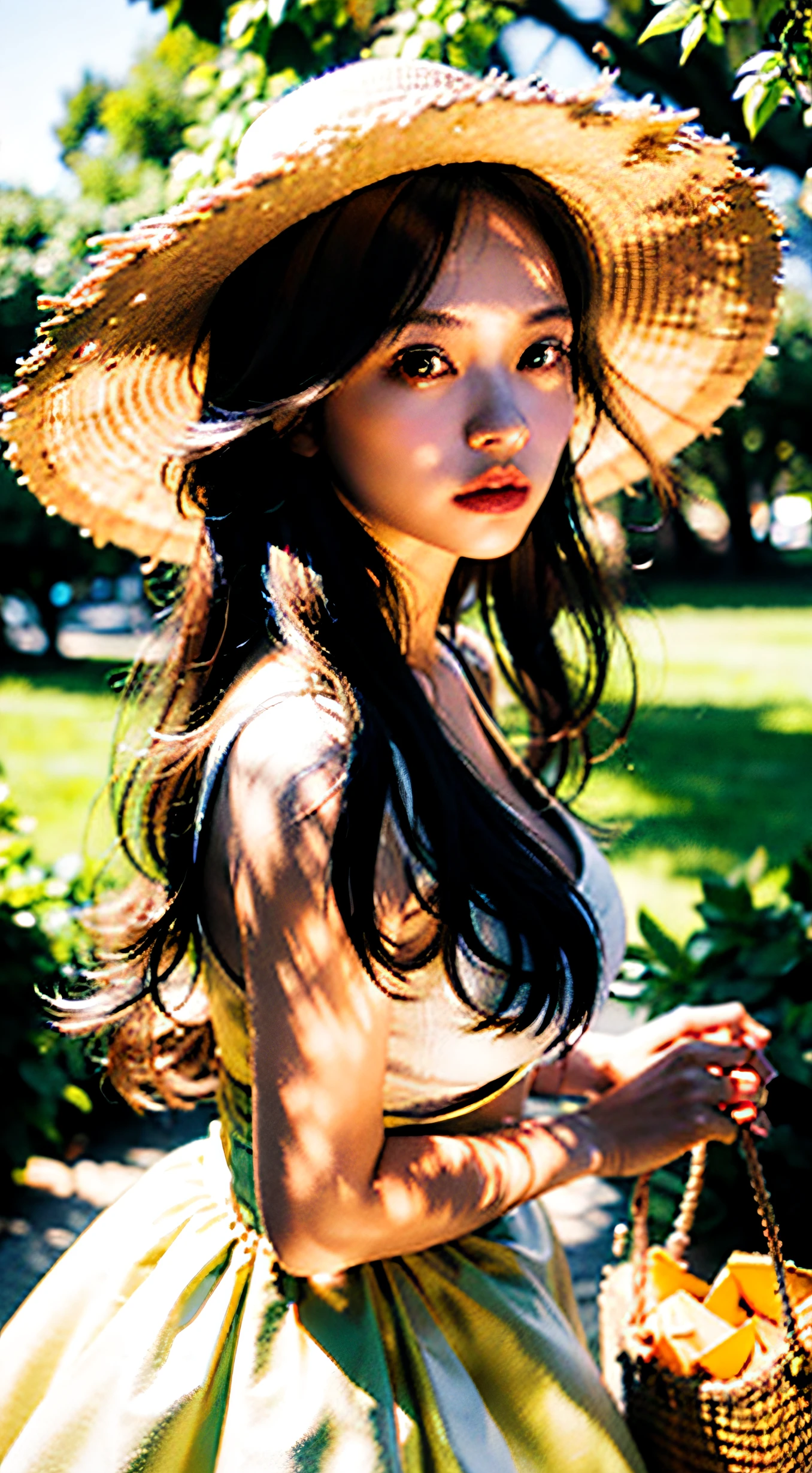 （closeup cleavage：1.5），（sface focus：2），（???? ???styled:1.5),
（（Lateral face：2）），（1女孩被soft_light：1.5包围），（The light from the back window is backlighted：1.8），（illuminating），（Flowing fabric：1.3），（（Floral_summer_dress：1.5），（Straw_hat：1.3）），
（tmasterpiece）， realisticlying， HDR， highly  detailed， 8k， RAW photogr，
Environmental occlusion，naturey，Harmonious composition，（outdoor background：0.6）a warm color palette，fine art photography，