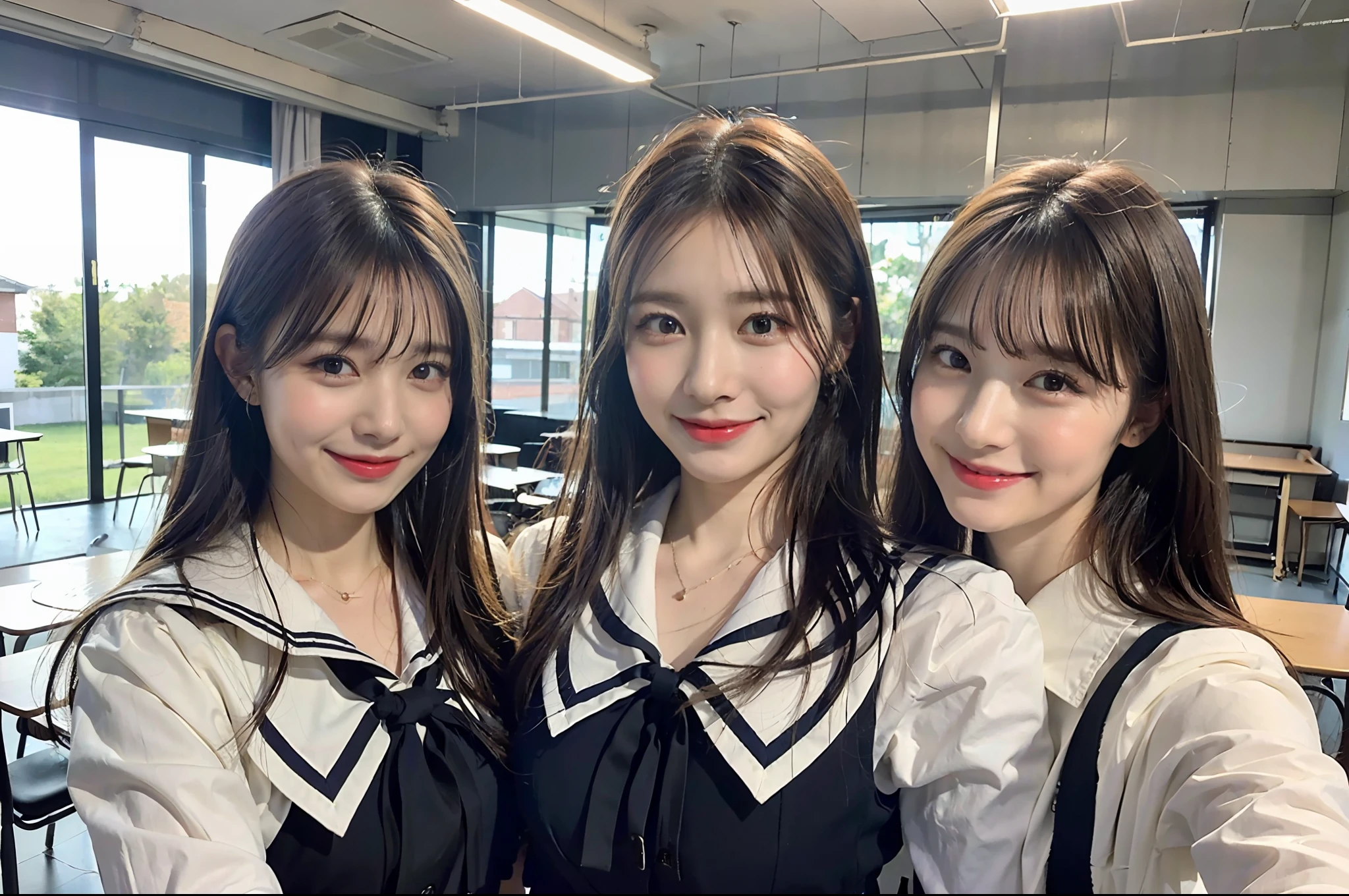 (8K、Raw photography、top-quality、masterpiece:1.2)、ultra-detailliert、ultra res、(hyper reality、)ultra-detailliert、ultra res、(realisitic、Real Photographics:1.47)、(Hugging each other)Leaning closer、(Fantastic lighting)Hugging、电影灯光、de pele branca、Fair-skinned female proofreading、An ultra-high picture quality、Stylish lighting、Beautiful female proofreading reflecting in light、amazing detailed、Beautiful girls in very detailed、Faces with different patterns、Different face patterns、Each hairstyle has its own characteristics、Farbe々Hairstyle、Farbe々Hair color、Circle of Angels、Having a conversation in a classroom at school、Brown hair shining in the light、One has a ponytail、、Modern cute high school girl、very detailed faces very detailed eyes、Very realistic skin、 extremely detailed fingers, highly detailed nose, highly detail mouth, perfect anatomia, Highly detailed sailor suit、highly detailed back ground,After school、Smiling school girls are gathered in the hallway of the school。They are hugging each other in uniform、Light from bright windows illuminates the classroom、The details of their hair and uniforms shine through.。, famous Japan idol, cute little, Realistic body, de pele branca, glistning skin, Slim body, Long straight hair, (Blunt bangs:1.2), two young women in school uniforms hugging each other in a hallway, two japanese schoolgirls posing, nixeu and sakimichan, TWICE, Seifuku, sakimichan, JK Uniform, wearing japanese school uniform,