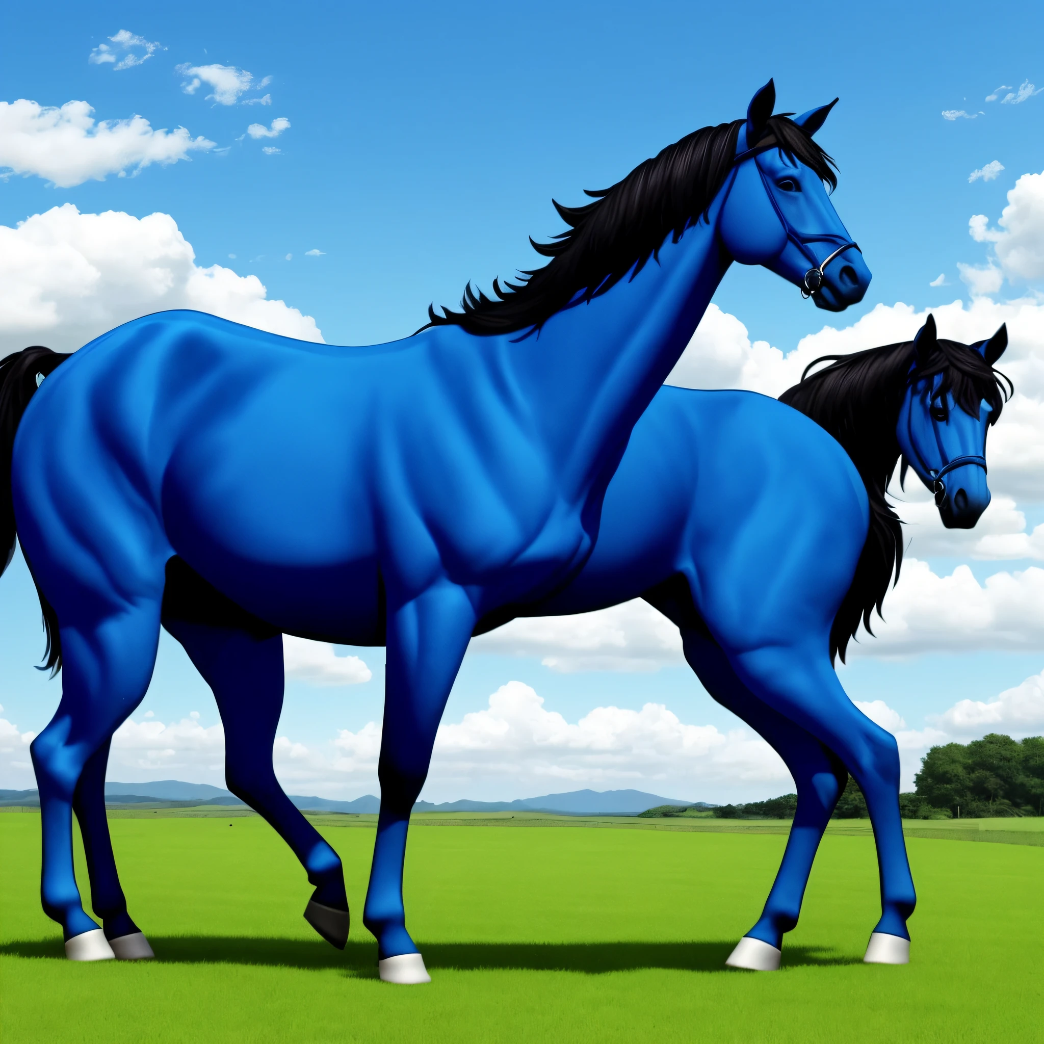 There were two horses standing on the grass, blue realistic 3 d render, depicted as a 3 d render, majestic horses, Horses, digital horse, blue colors, hd illustration, horse racing concept art, realistic paint job, Blue sky, bojack horseman in real life, anthropomorphic mare, vibrant blue, Modern art, blue ground. fantasy --auto