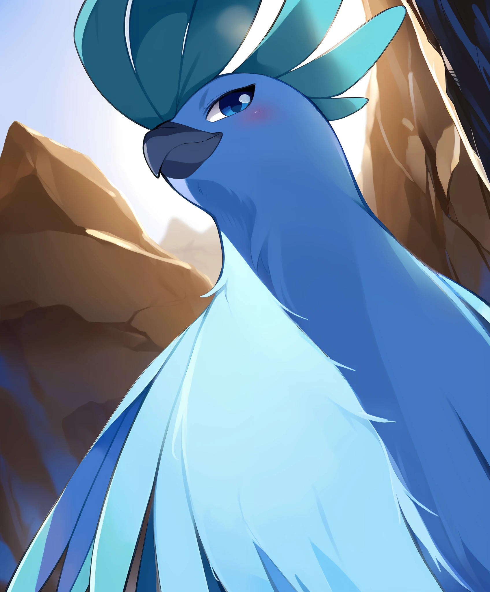 uploaded on e621, ((by Ricegnat, by Bebebebebe, by Prrrrrrmine, by Dagasi)), solo female (cyan avian Articuno) with (((dark blue and white body))) and ((blue beak)) and ((clear navy blue eyes)) and (chest fur tuft) and ((blue wings)), (detailed [avian] Articuno), ((detailed fluffy feathers)), ((three-quarter portrait, low-angle view, looking at viewer)), BREAK (standing at andes with reflection on dusk), (detailed background, depth of field, half body shadow, sunlight, ambient light on the body), (intricate:1), (high detail:1.2), (unreal engine:1.3), (sharp focus:1.1), (masterpiece, best quality, 4k, 2k, shaded, absurd res)