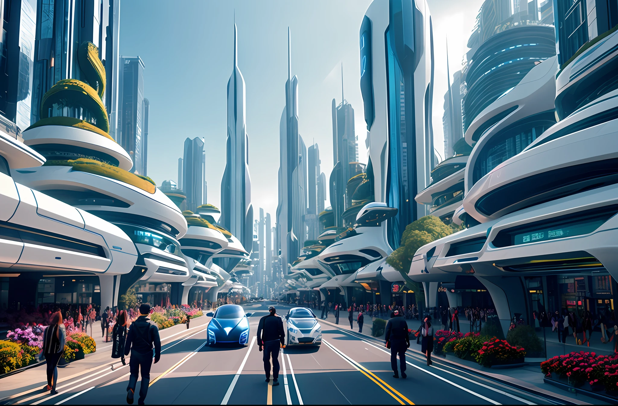 Future City，Sateen，In the daytime，buliding，Bustling city streets，Everywhere there are people walking and cycling。The streets are lined with high-rise buildings，Creates a futuristic atmosphere。Robots and the car of the future，Adds a lively scene。