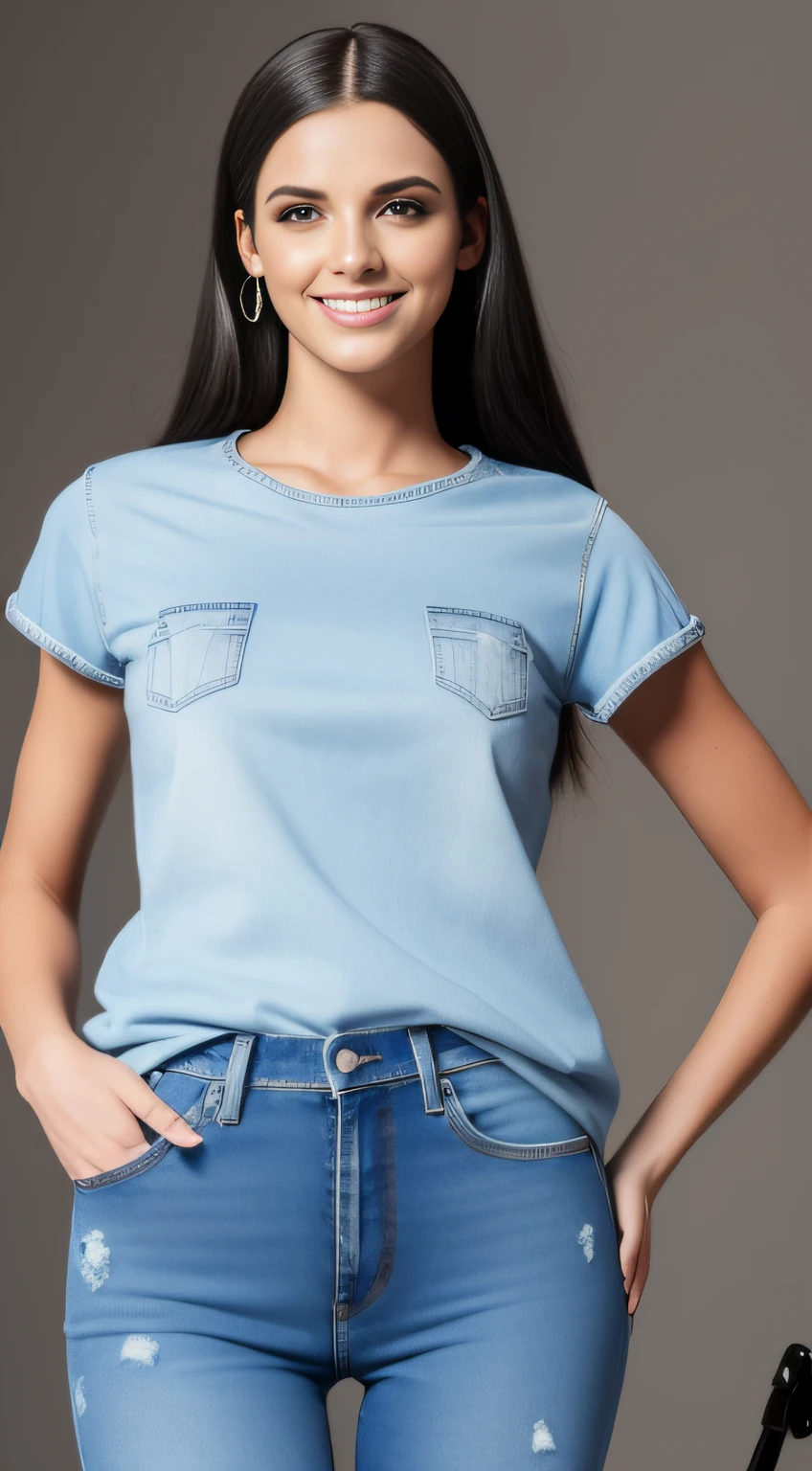 A woman in the studio, Denim Jeans Pants, camiseta branca,  em um dia perfeito, disco Rigido, (head shoot: 1.2), (fechar para cima, rosto perfeito, olhos claros), sorriso deslumbrante