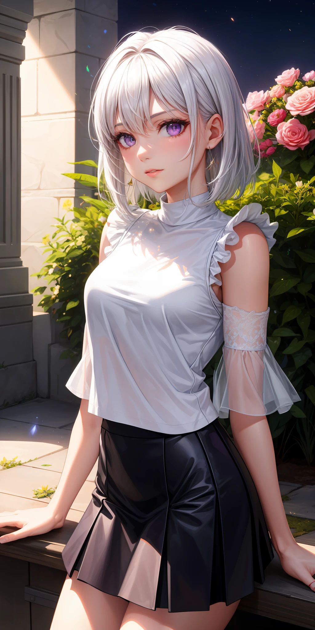realisticlying，1girl，White hair，Purple eye，glowing light eyes，JK tops，a skirt，parted lip，Be red in the face，the night，fresh flowers，suns，rays of sunshine，