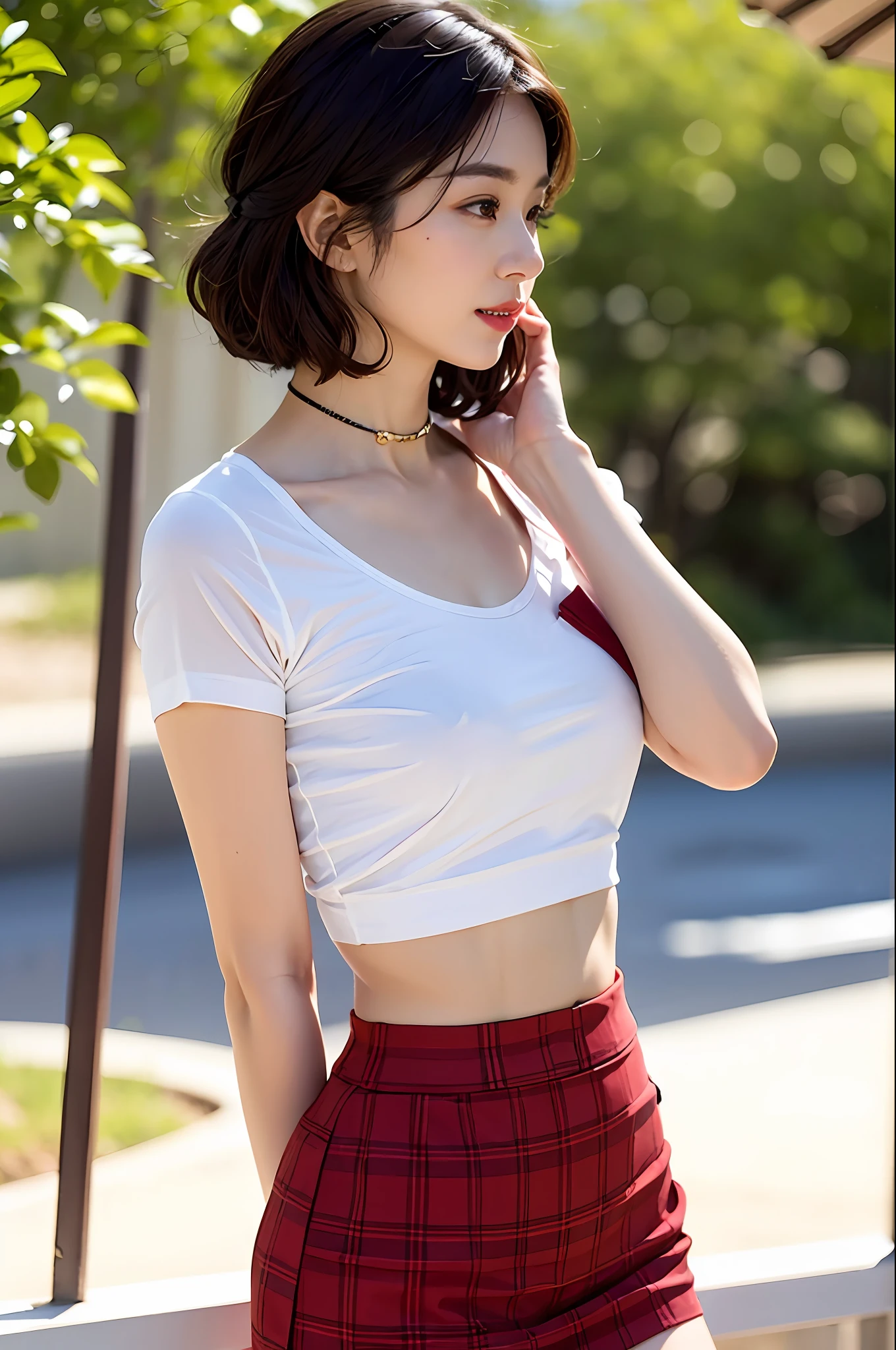 NSFW， 8K Raw photograph， best qualtiy， tmasterpiece， 超高分辨率， filmgrain， cinematic ligh， 1girll， looking at viewert， Natural skin texture， Realistic Eyes and Face Details， full pouty lips， lipsticks， （putting makeup on）， Red eyeshadow， Short fluffy hair， messy  hair， ssmile， Keep one's mouth shut， beautifullegs， Tall women， being thin， Slim_Legs， 独奏，  Pose with your hips facing you， Superskirt， hindquarters， Pocket shirt， Beautiful natural location， Location of flowers around， （detailedbackground）， Plaid skirts， Pocket shirt， ， Show a little through the shirt， Loafer shoes， vague background， bblurry， halter， tartan， short- sleeved， JK ribbon around the neck， JK ribbon， brown  hair， bangle， Eau， By bangs， 校服， jewely， parted lip， cparted lips， From the side Side， pleatedskirt， depth of fields，beachside，