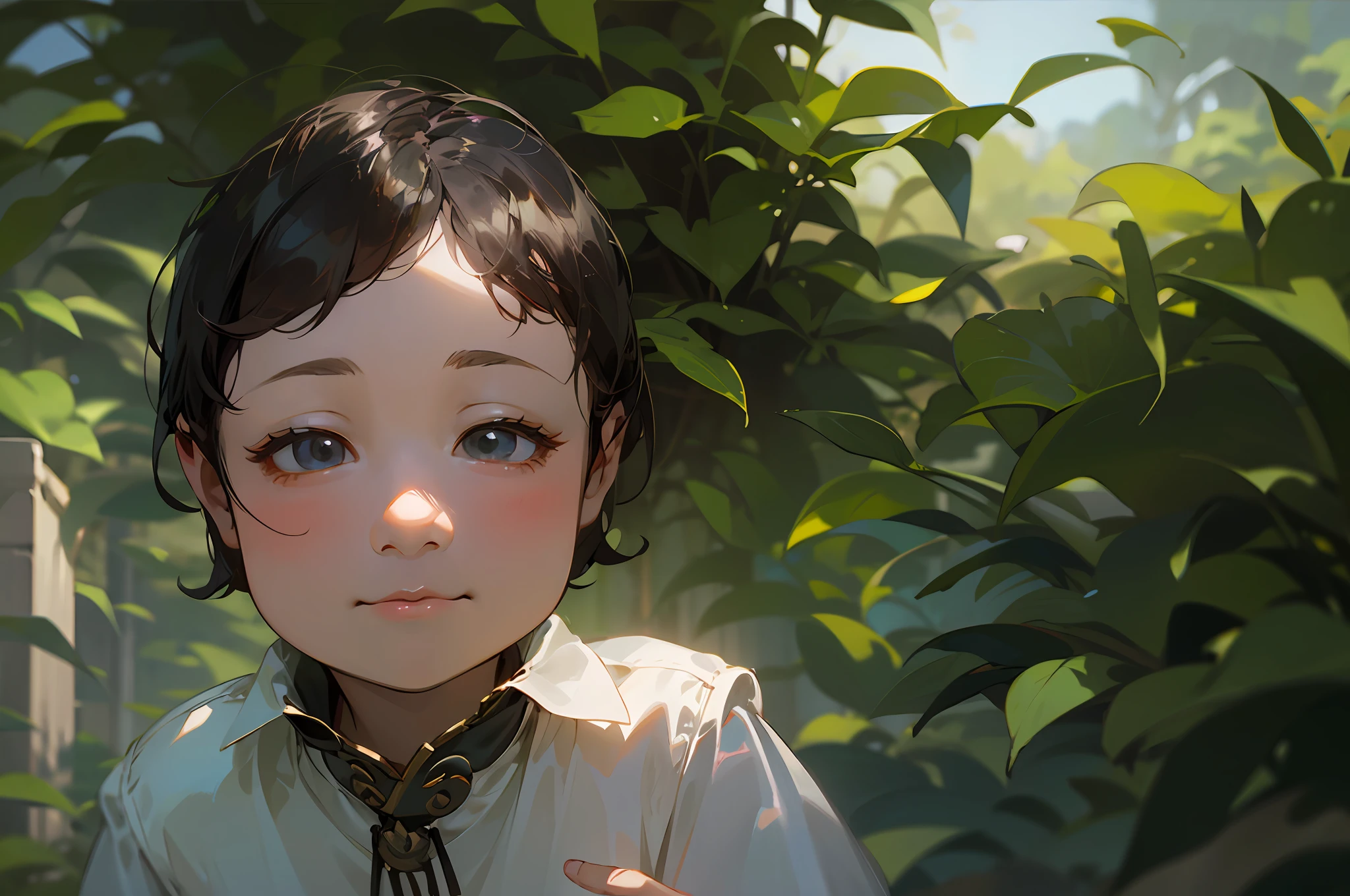 top-quality、White shirt、A high resolution、A in China、Girl with short dark hair、Upper body is shown、In the garden、、Big black eyes、(Fantasy world)、Guild friends、