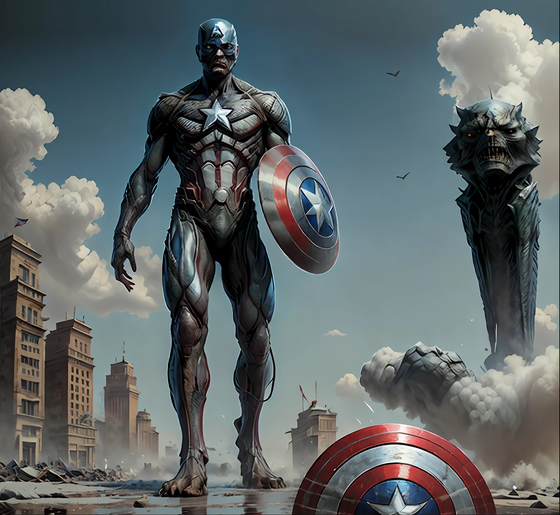 (8k, RAW photo, best quality, masterpiece:1.2),ultra realistic, masterpiece, solo, white background, full body, monster, simple background, standing, captain america,