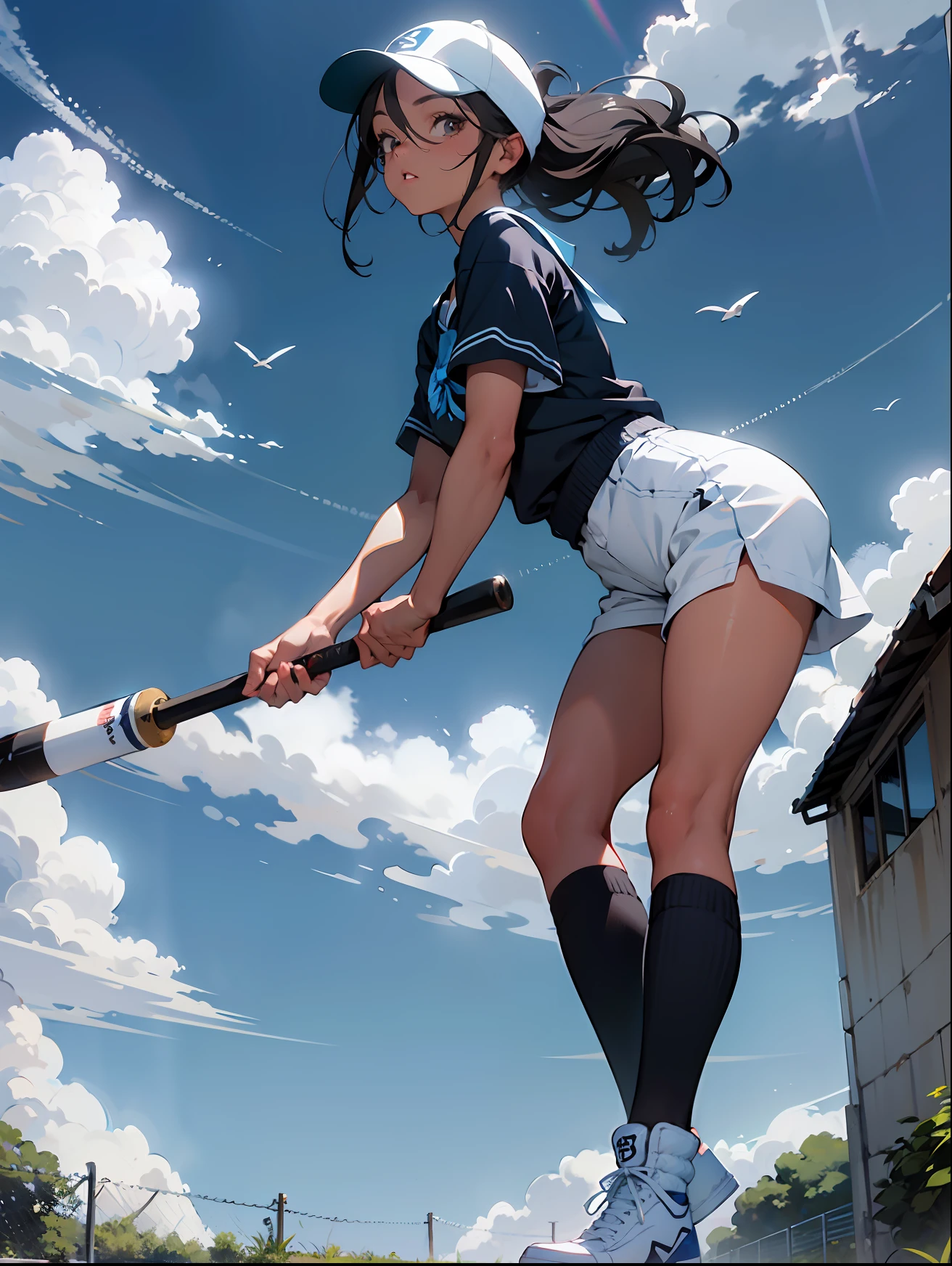 Sweet athletic style，schoolgirls，cabelos preto e longos，Rich expressions，Sky blue loose knit top，White cap，Sky blue high-waisted shorts，Sky blue Martin boots，holding a Baseball Bat, pretty face with arms and legs, grassy fields，movie footage，（Magazine cover 1.5），Sporty, tmasterpiece，Masterpiece，8K，