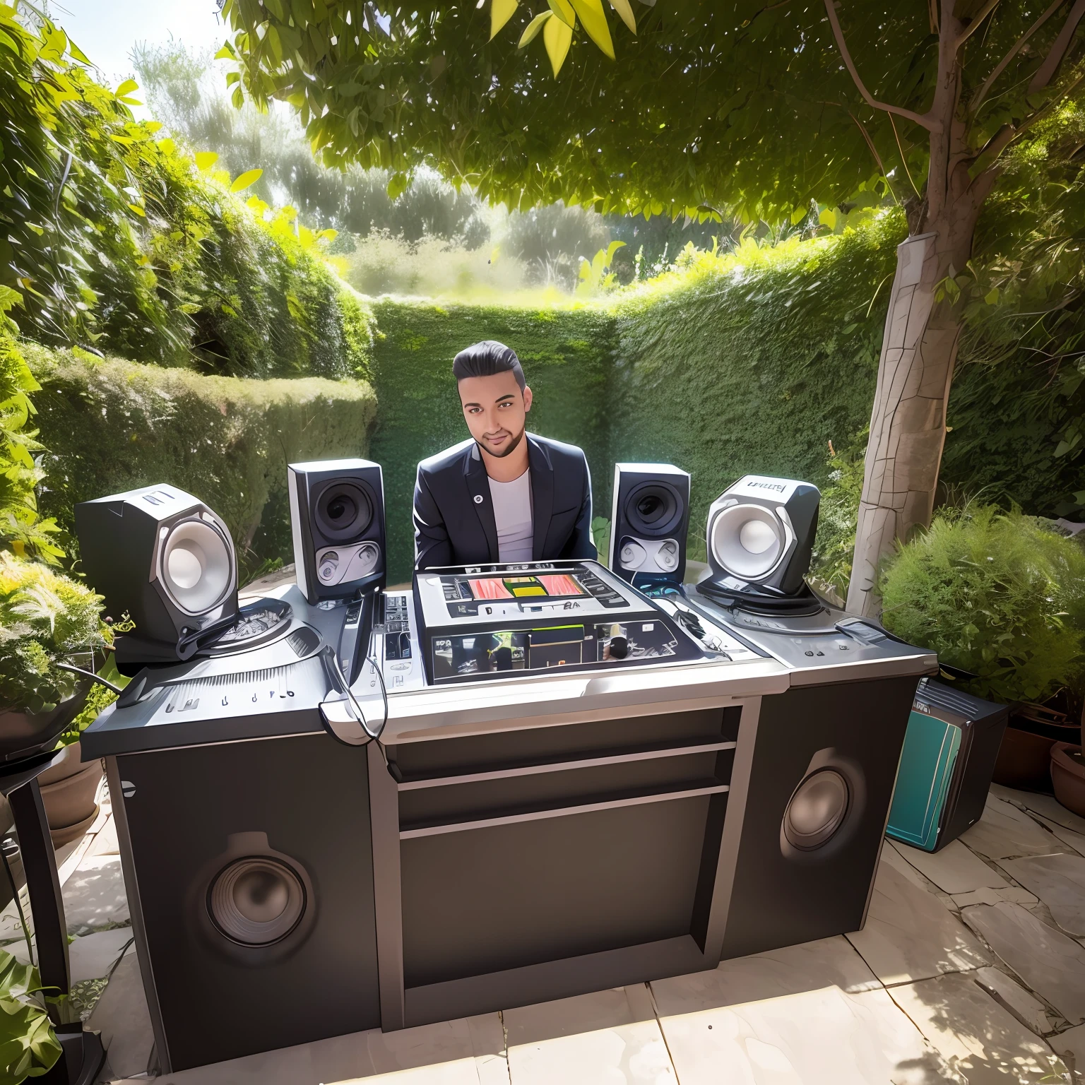The DJ is located in a corner of the garden, surrounded by his stereo, listo para dar inicio a su set junto a bailarinas foto realista --auto