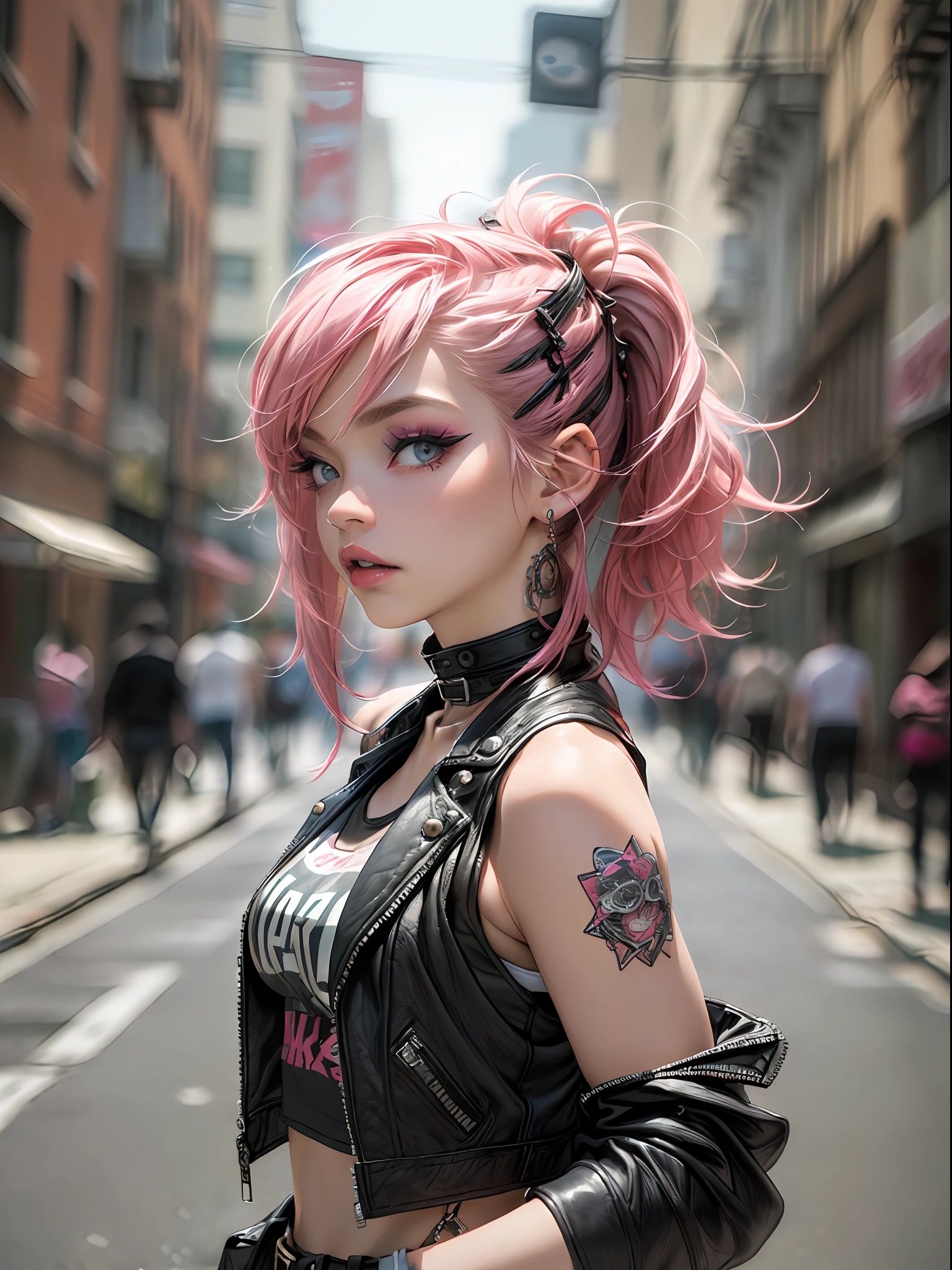 (top-quality、8K、32K、​masterpiece、nffsw:1.3)、(Photorealsitic:1.4),18-year-old punk girl,Punk hair,punk fashion,A pink-haired,Street background,depth of fields,blurry backround,,,,,,,,,,,,