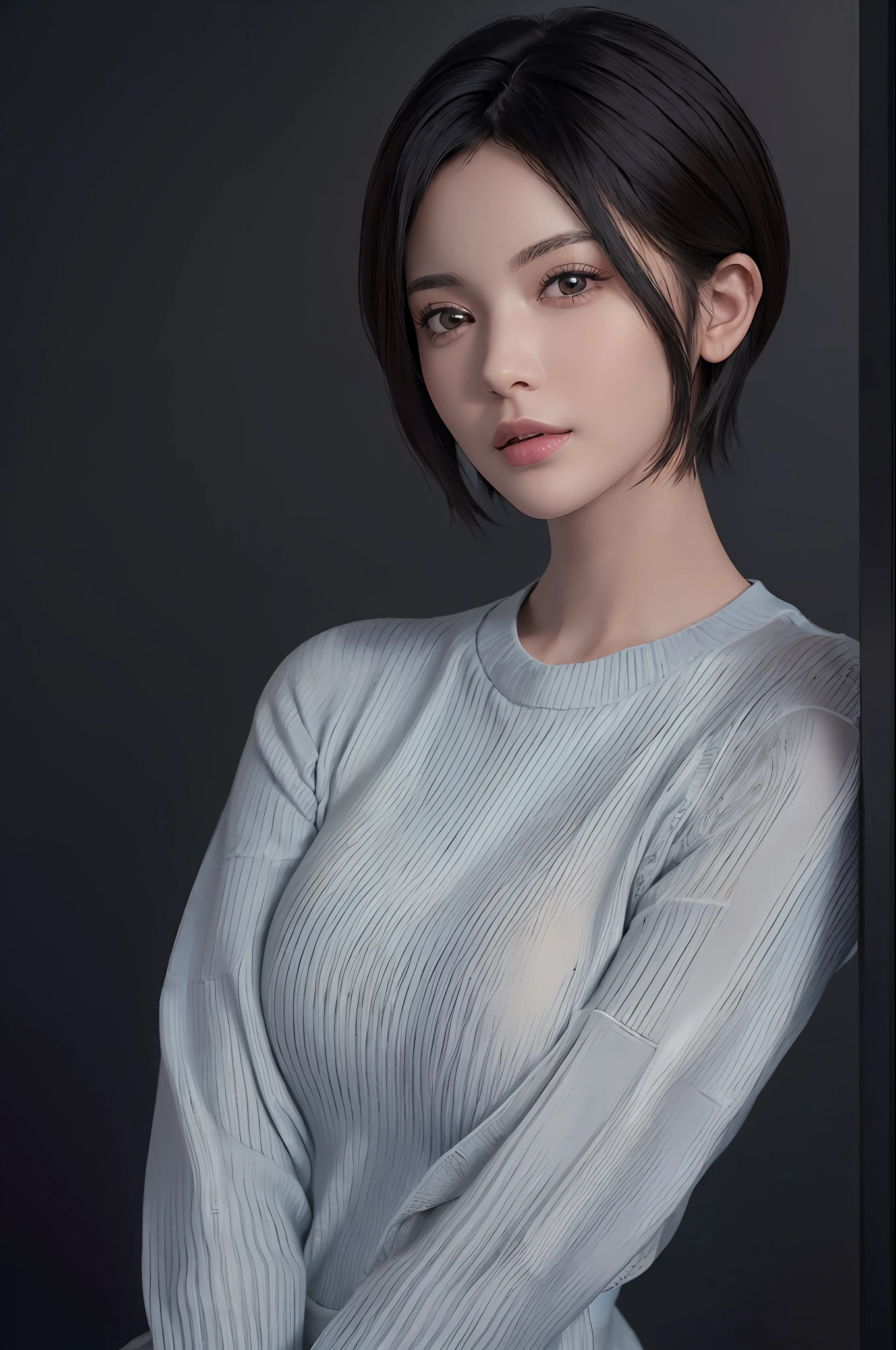 (masterpiece:1.3), (8k, photorealistic, RAW photo, best quality: 1.4), (1girl), beautiful face, (realistic face), (black hair, short hair:1.3), beautiful hairstyle, realistic eyes, beautiful detailed eyes, (realistic skin), beautiful skin, (sweater), absurdres, attractive, ultra high res, ultra realistic, highly detailed, golden ratio
